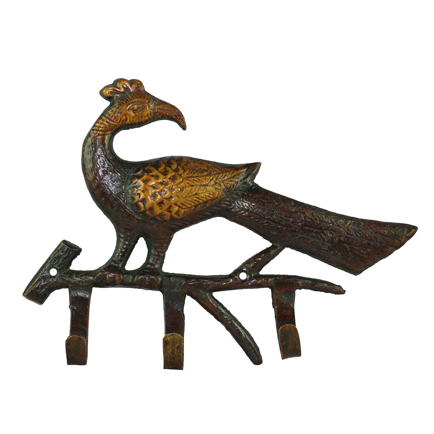 Hand Carved Peacock Design Brass Wall Hooks - Decorative Metal Coat Key Hangers for Entryway, Bedroom & Closet Organization