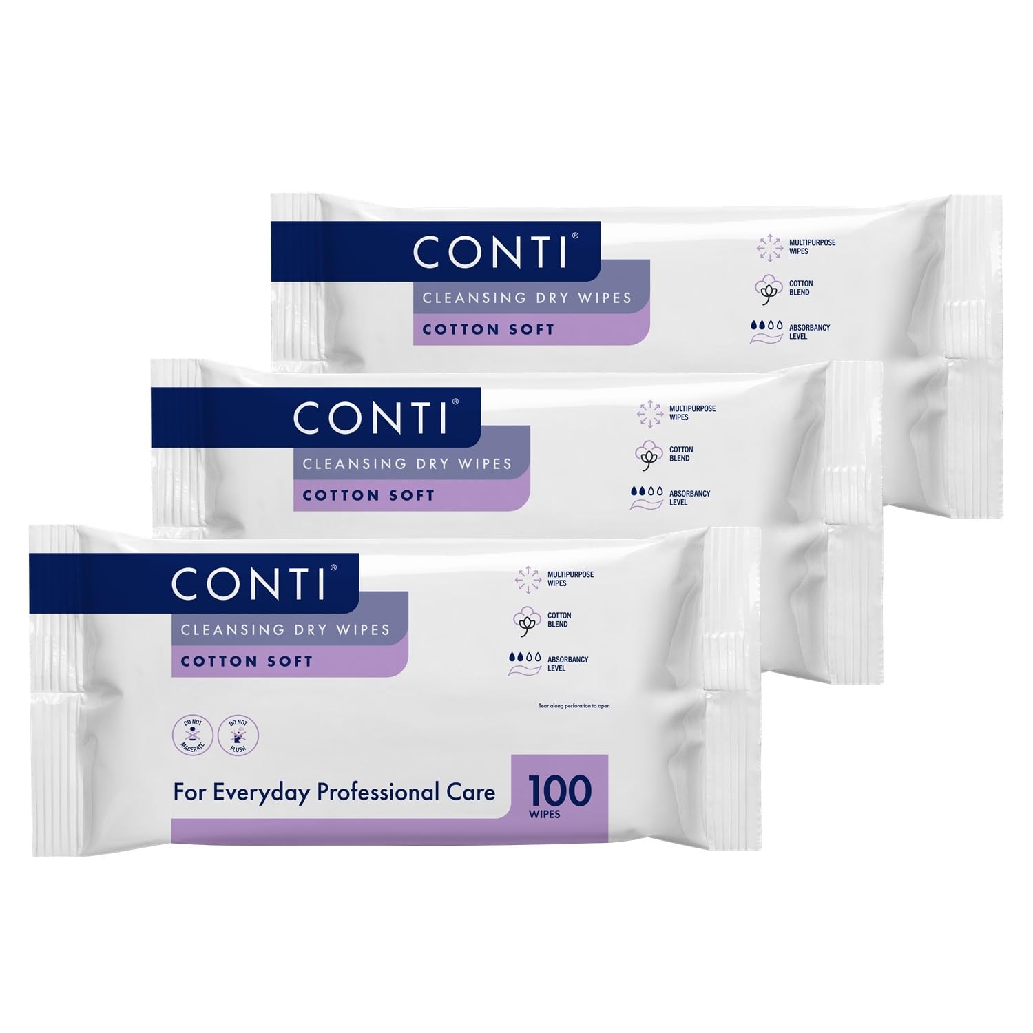 Conti So Soft Large Patient Cleansing Dry Wipes - 3 Packs of 100 Count | Ultra Gentle & Hypoallergenic for Sensitive Skin | Perfect for Bedridden Patients, Elderly Care & Post-Surgery Hygiene