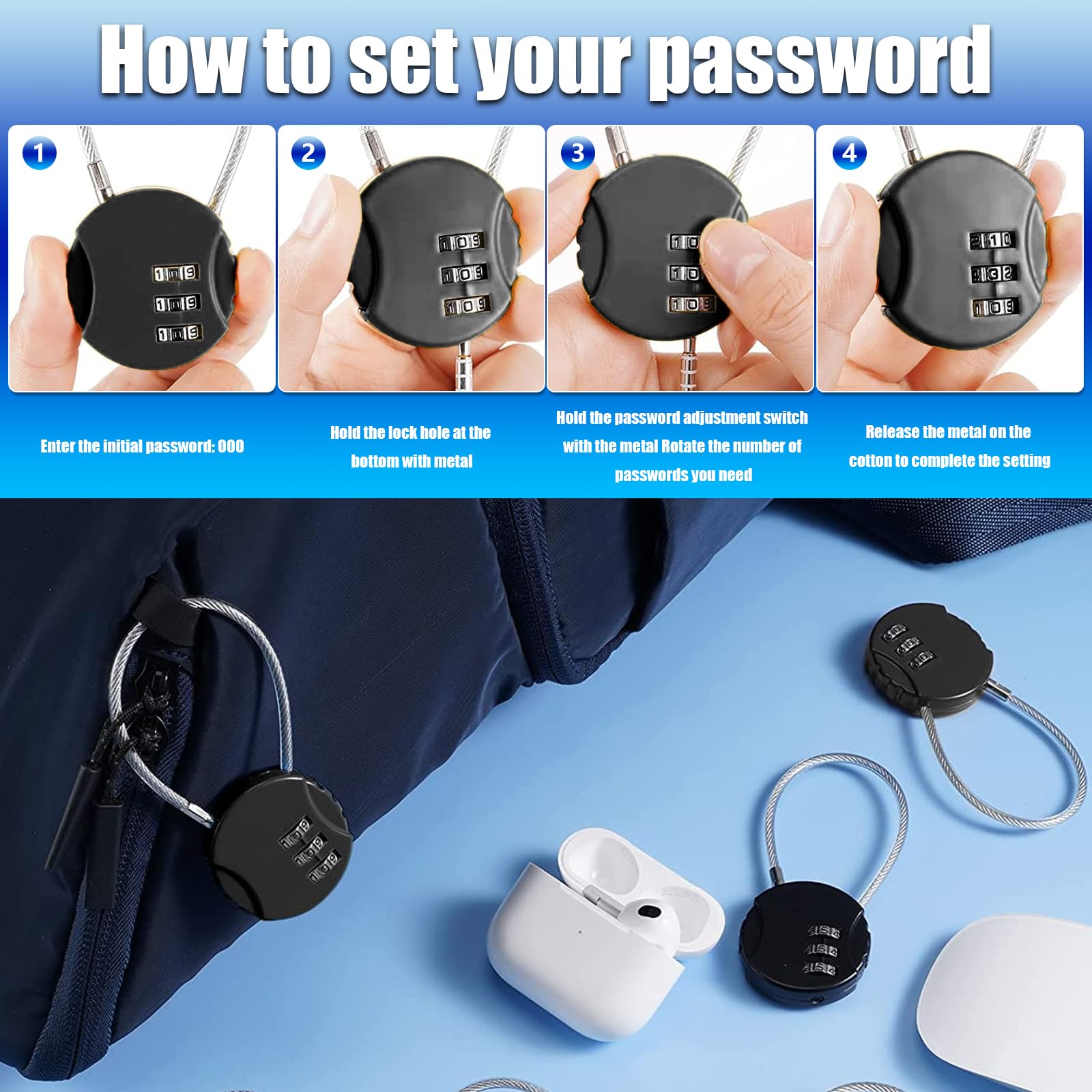2 Pack Mini Wire Rope Lock - Secure Luggage, Jewelry Box, Backpack & Gym Locker | Portable Combination Padlock for Travel, Storage & Sports Equipment Protection