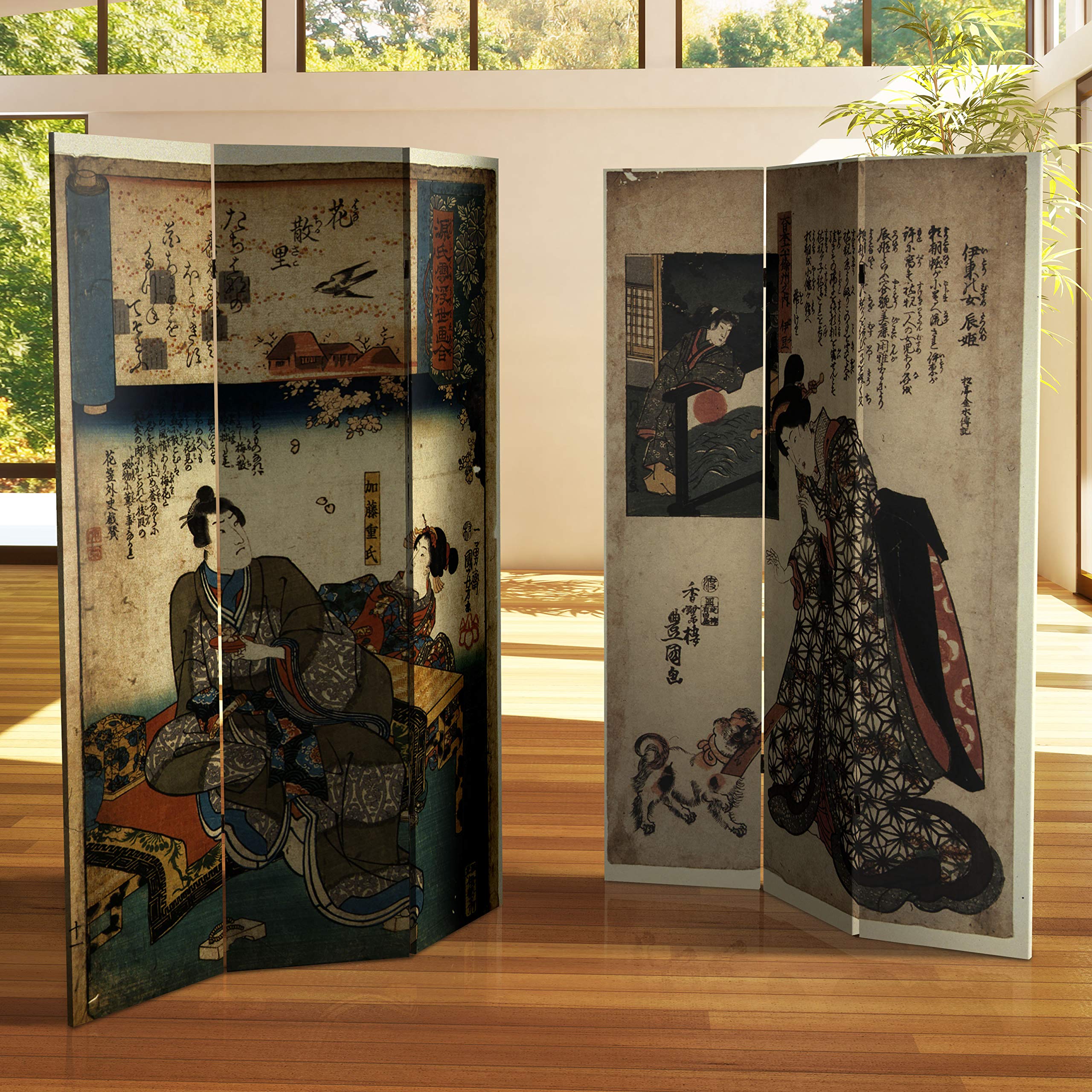 6 ft. Tall Double Sided Japanese Figures Red Lantern Room Divider - 3 Panel Folding Screen (71 inches High) for Home Decor, Asian-Themed Parties & Zen Meditation Spaces