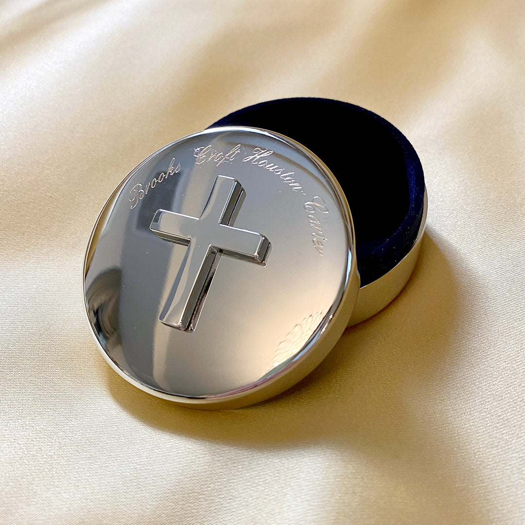 Small Round Cross Keepsake Box - Elegant Jewelry Storage & Religious Gift for Baptism, Wedding, Confirmation - Perfect for Home Decor & Church Use