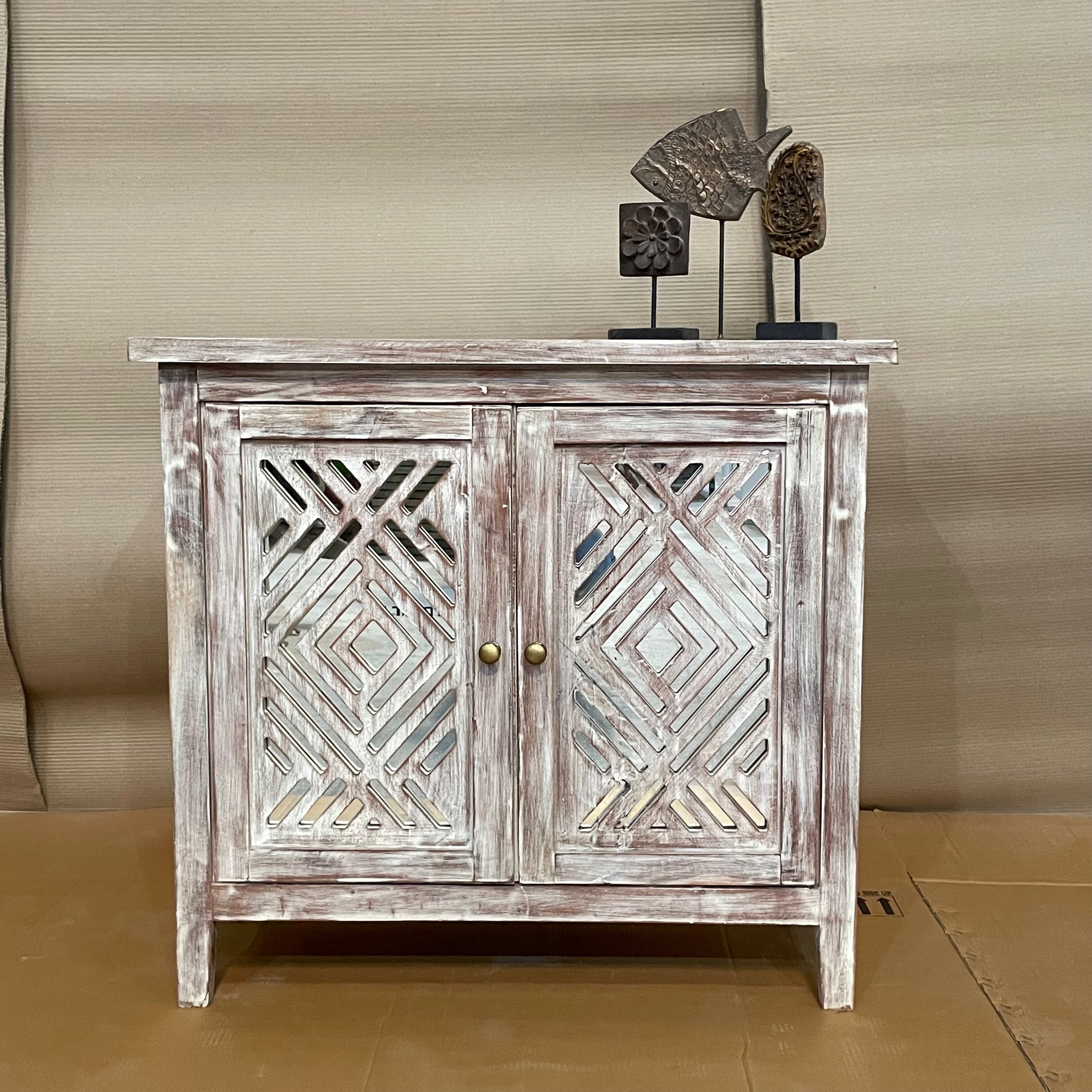 Handcrafted Indian Solid Hardwood Cabinet with 2 Mirror Doors - Traditional Carved Wooden Storage for Living Room, Bedroom & Entryway