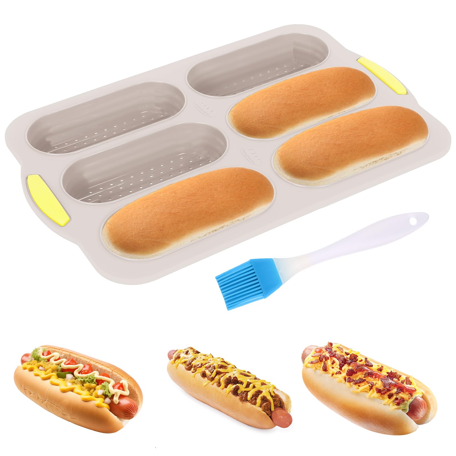 Nonstick Silicone Baguette Pan - 6-Cavity Perforated Baking Tray for French Bread, Hot Dog Buns & Sandwiches | Oven-Safe Bread Mold in Nordic Brown | Perfect for Home Baking, Restaurants & Bakeries