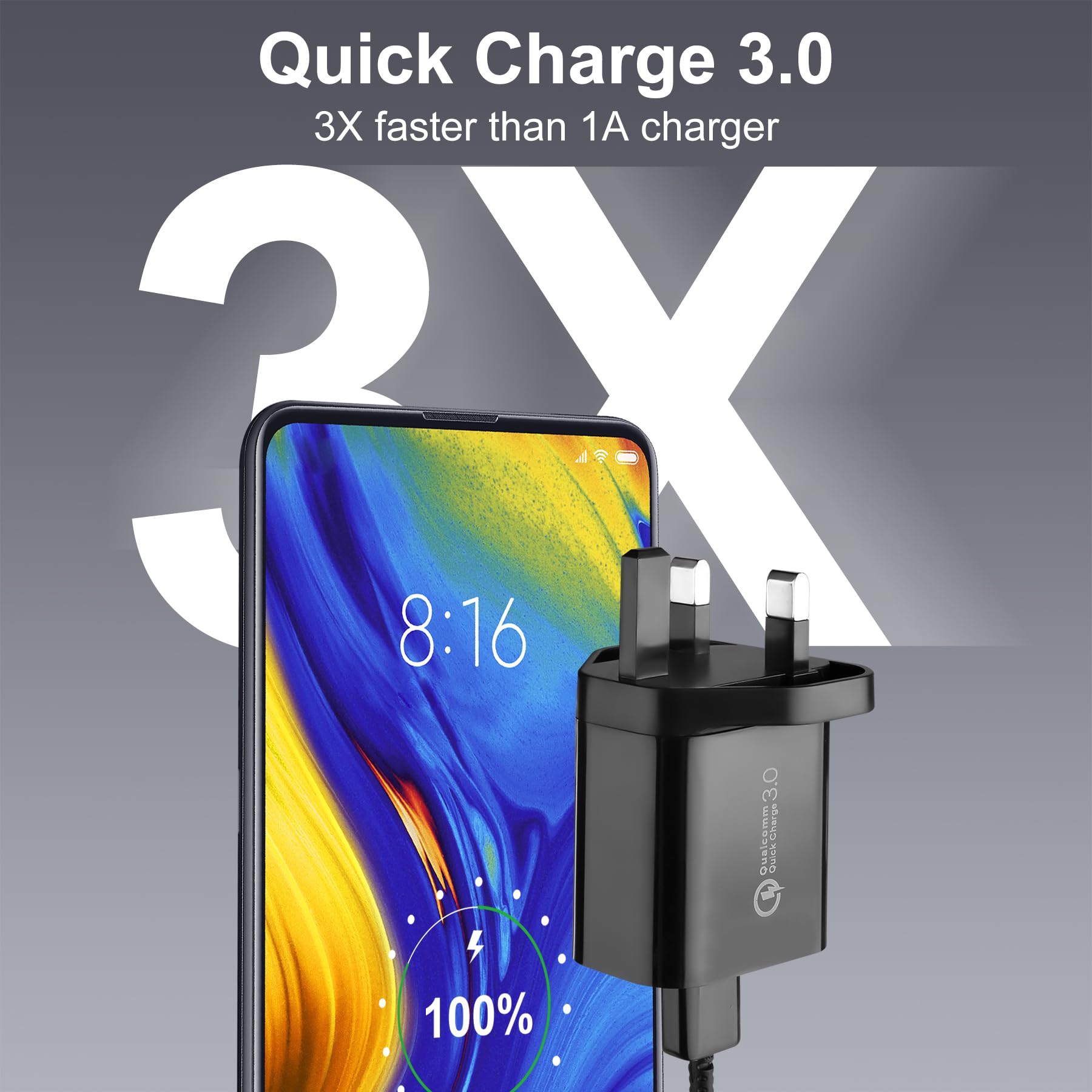 Fast Charging USB Wall Plug with Type C Cable - QC3.0 Compatible for Samsung Galaxy A14/A15/A20E/A23/A34/A53/A54/A04S/A40/S21/S20 FE/S10E/S9, iPhone 15, Pixel 6a, Moto E13/G53 - Perfect for Home, Office & Travel Charging (Black)