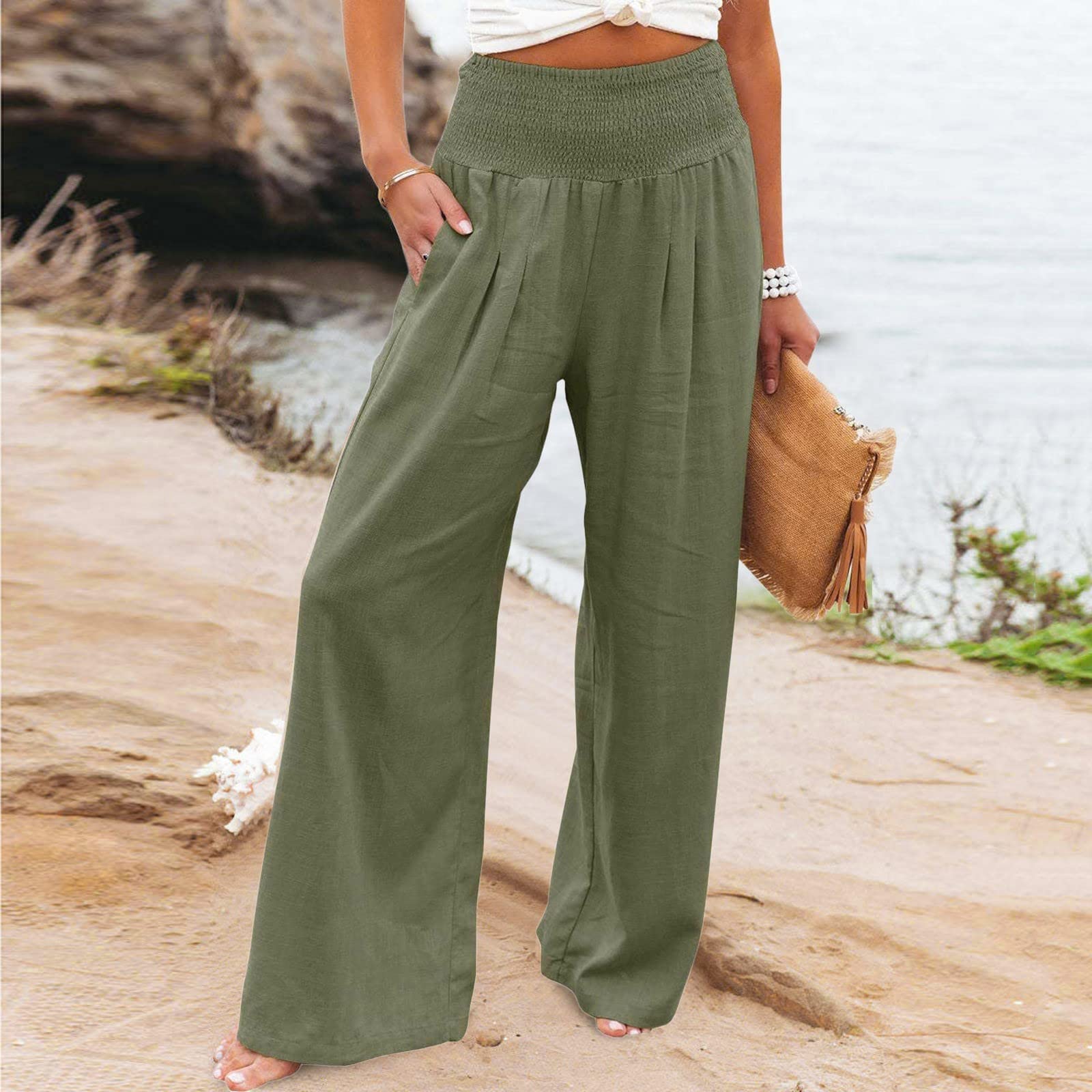 Women's Linen Wide Leg Yoga Pants - Lightweight Summer Palazzo Lounge Pants | Breathable Flowy Loose Comfortable Pants for Yoga, Beach, Travel & Casual Wear