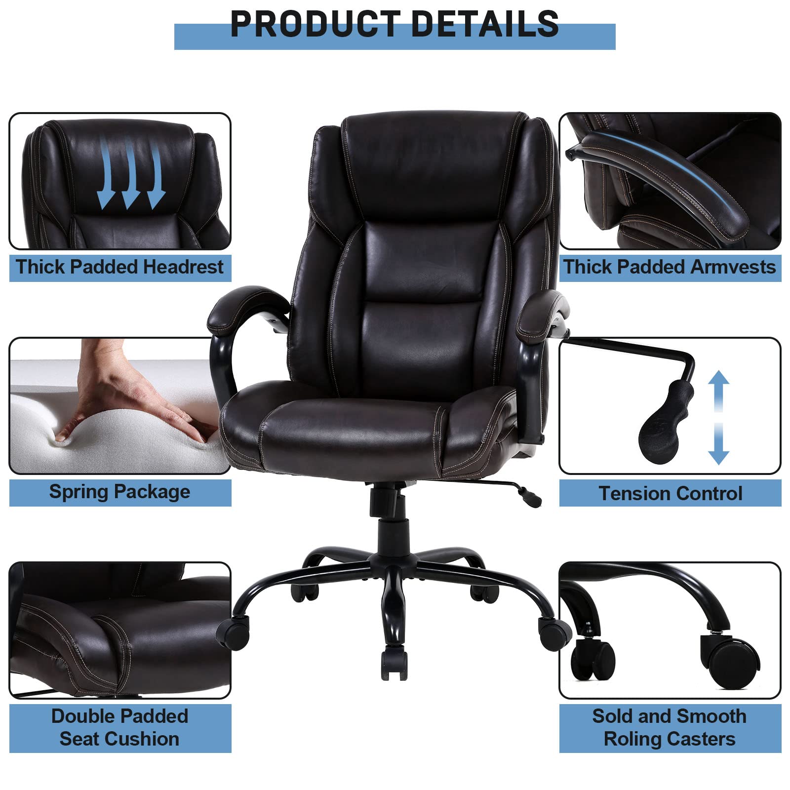 Ergonomic Office Chair with Lumbar Support & Armrests - 500lbs Weight Capacity Big & Tall Desk Chair - Comfortable Cushioned Seat & Backrest - Perfect for Home Office, Gaming & Computer Work (Brown)