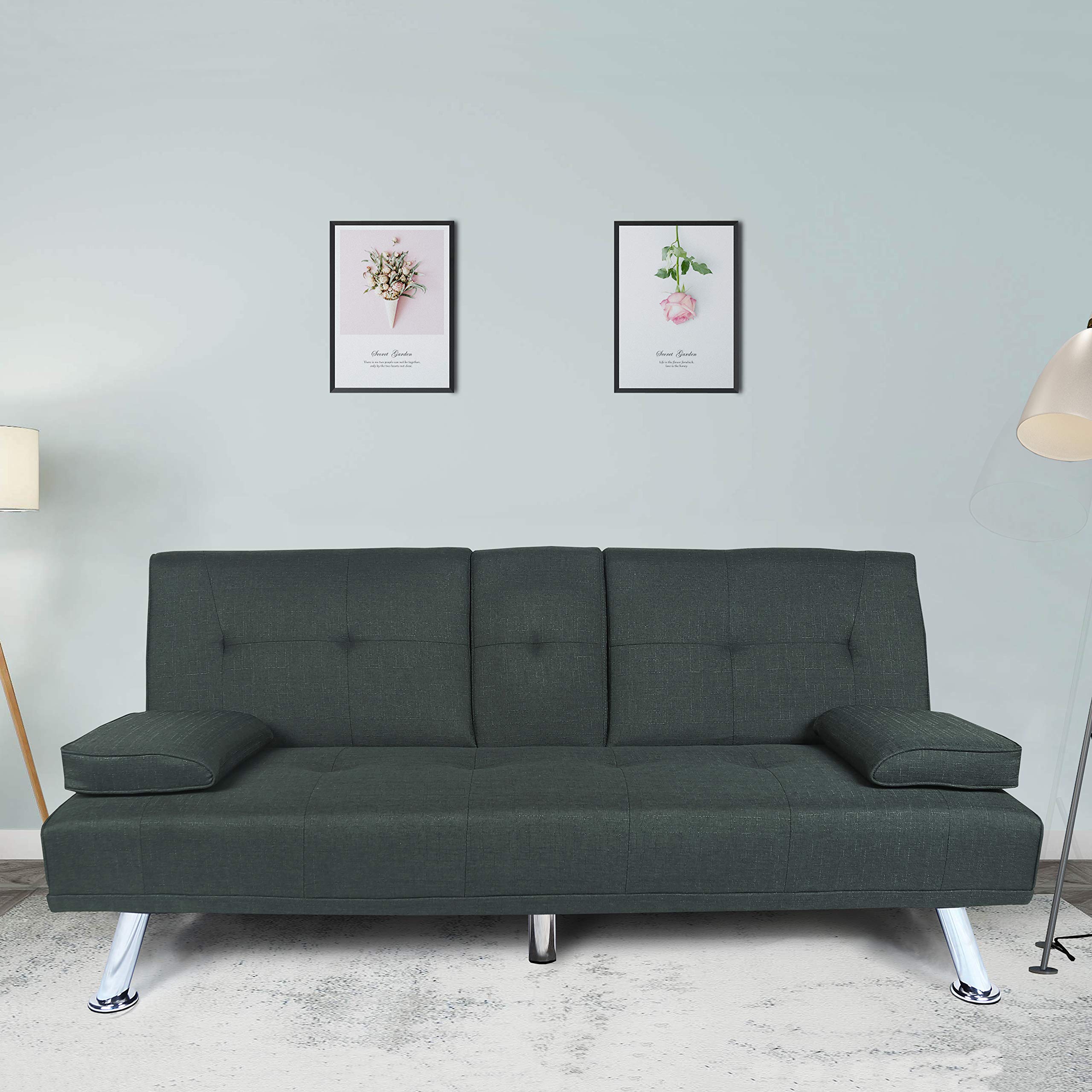 Modern SSLine Futon Sofa Bed - Convertible Couch with Armrests & Metal Legs, Folding Recliner Lounge for Living Room, Office, or Bonus Space (Dark Gray) | Perfect for Small Apartments, Guest Rooms & Multi-Functional Spaces