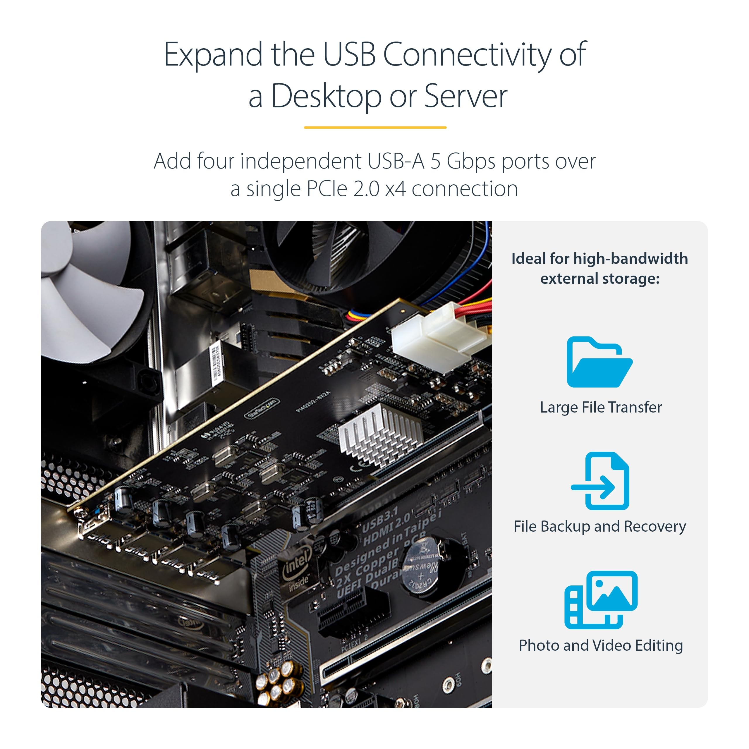 StarTech.com 4-Port USB 3.2 PCIe Expansion Card - 5Gbps SuperSpeed USB-A PCI Express Adapter with 4 Independent Controllers for Desktop PC, Workstation & Gaming Rig - Perfect for External Drives, Printers & Peripherals