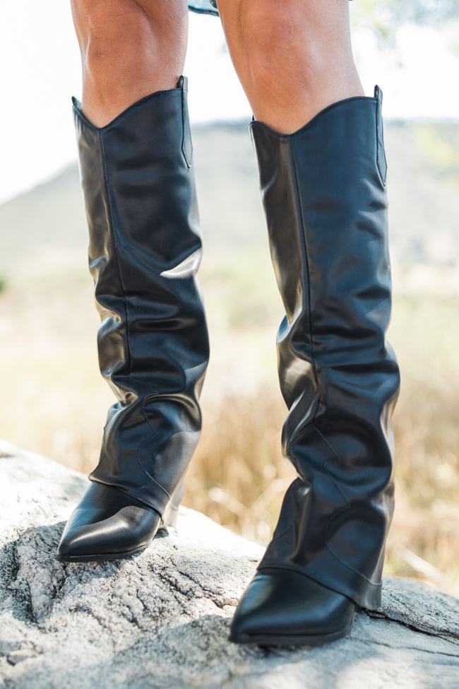 Heather Black Leather Fold Over Boots for Women - Stylish Knee High Boots with Side Zipper - Perfect for Fall, Winter & Casual Outfits