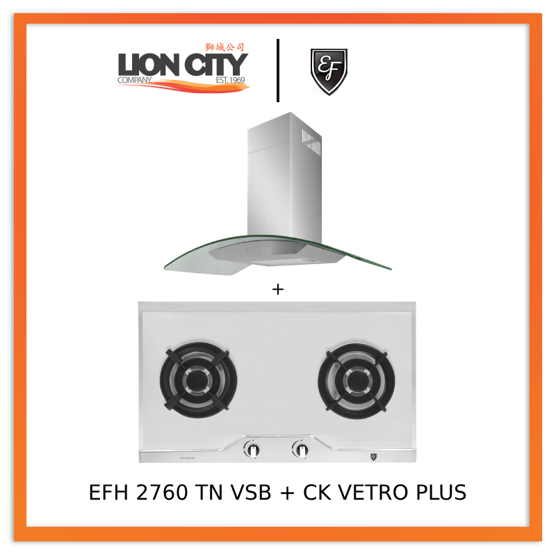 EF 90 CM Chimney Cooker Hood CK Vetro Plus & EF EFH 2760 TN VSB 78cm Built-in Stainless Steel Gas Hob - Modern Kitchen Ventilation & Cooking Solution for Home Chefs
