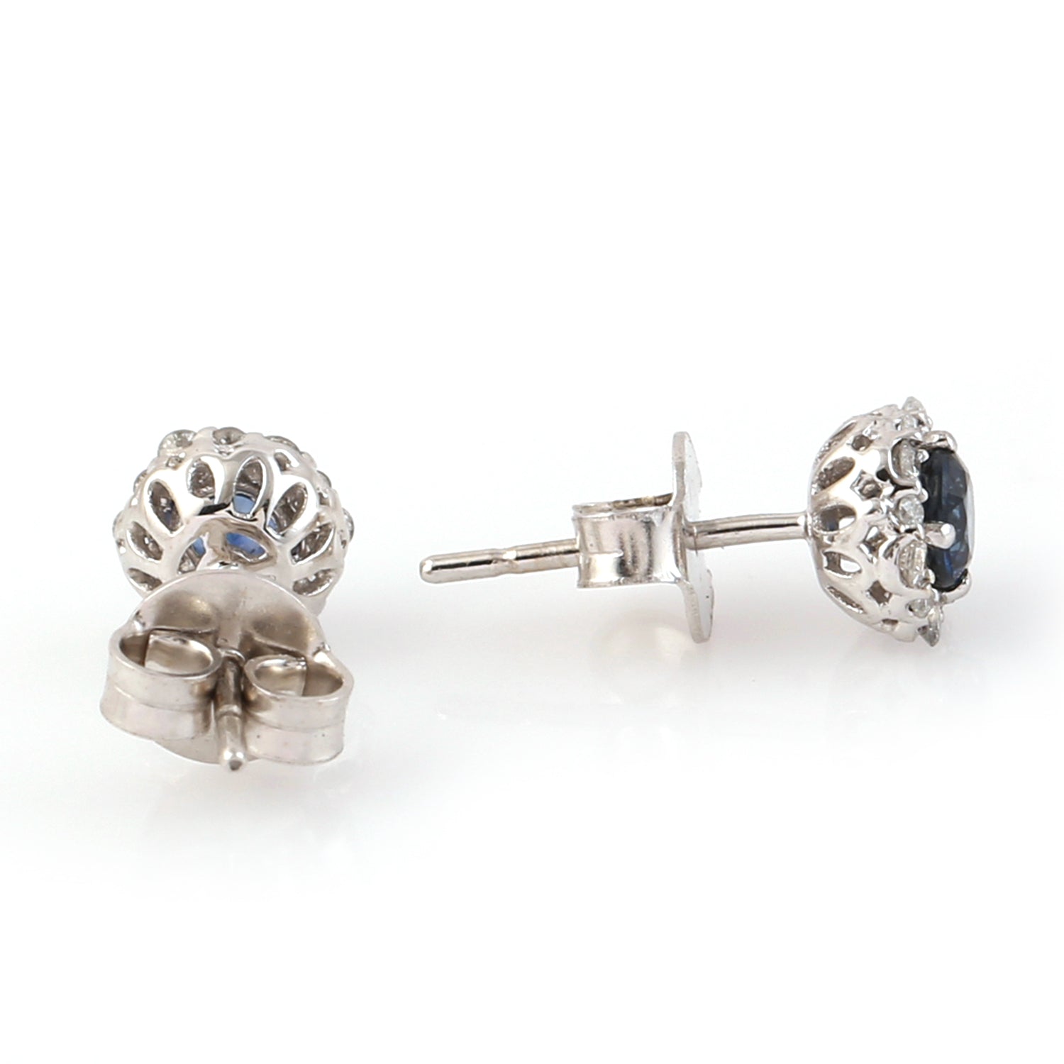 14K White Gold Blue Sapphire & Diamond Stud Earrings | Elegant Prong Setting for Weddings, Parties & Special Occasions