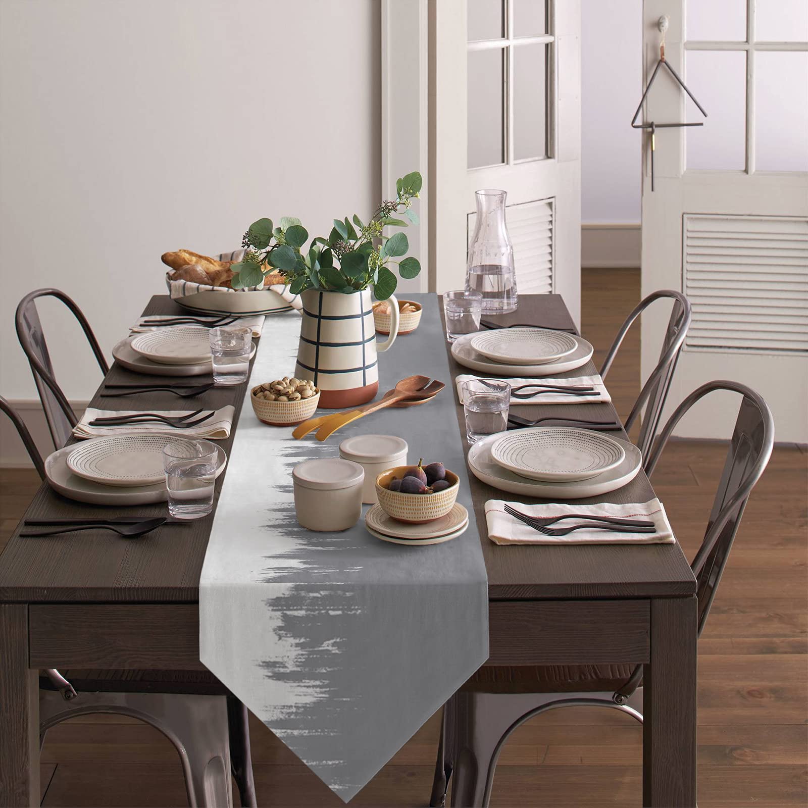 90 Inch Long Abstract Graffiti Gray Non-Slip Washable Burlap Table Runner - Elegant Dining Decor for Family Dinners, Weddings, Parties & Indoor/Outdoor Gatherings