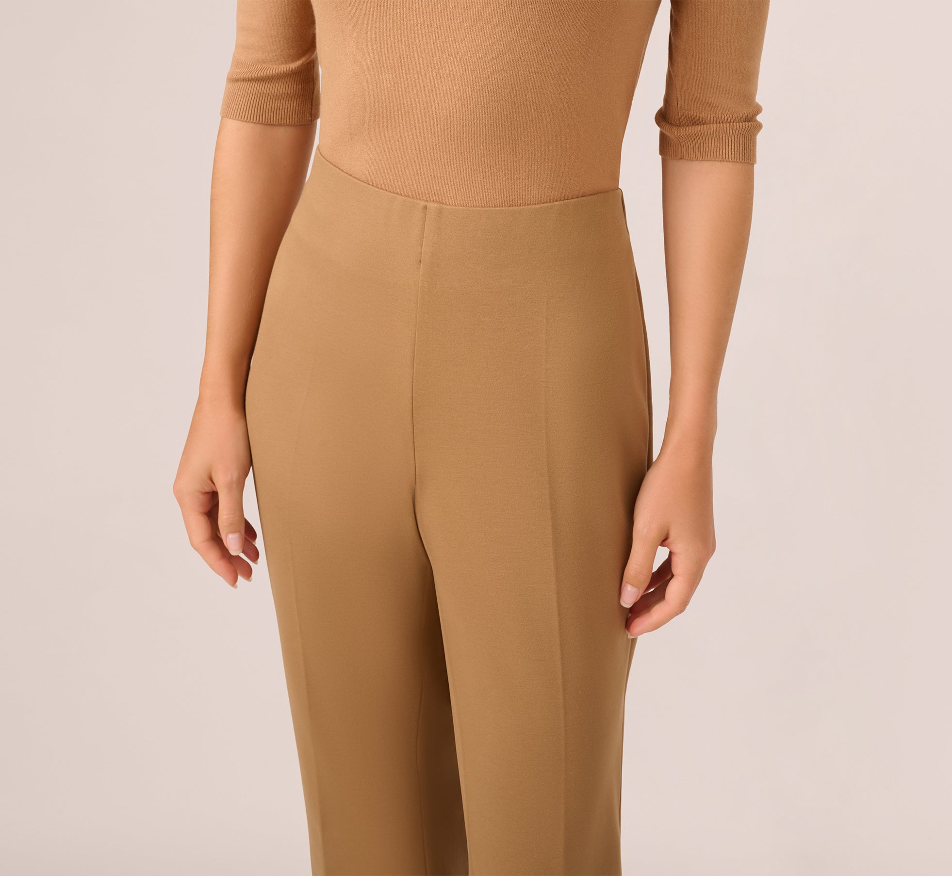 Stylish Ponte Knit Pull On Pants with Kick Flare Hem in Rich Camel - Comfortable Women's Work Pants for Office & Casual Wear