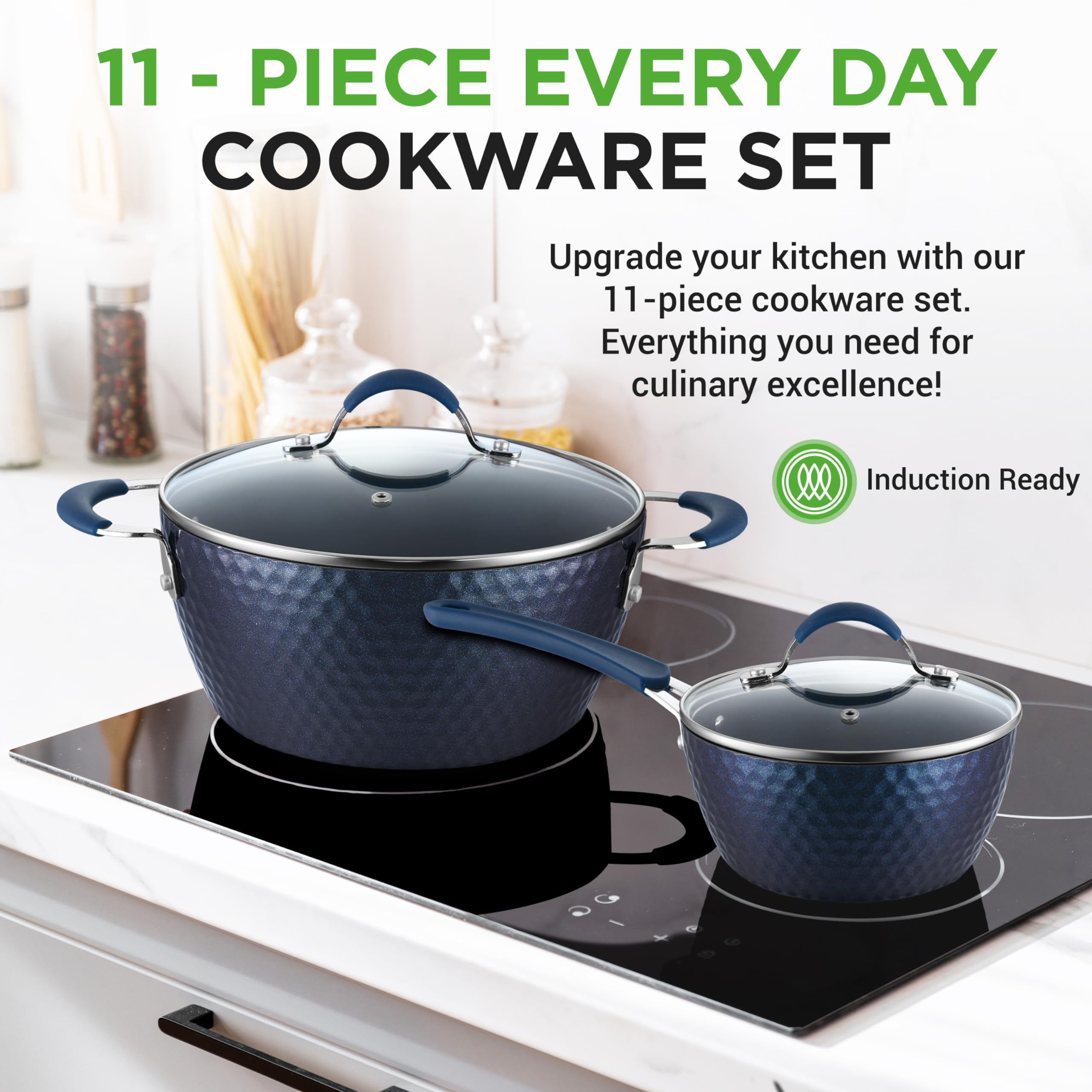 NutriChef 11-Piece Blue Diamond Nonstick Ceramic Cookware Set - Durable Pots & Pans with Cool-Touch Handles, Glass Lids & Kitchen Utensils for Healthy Cooking | Perfect for Frying, Boiling, Sautéing & Everyday Meal Prep