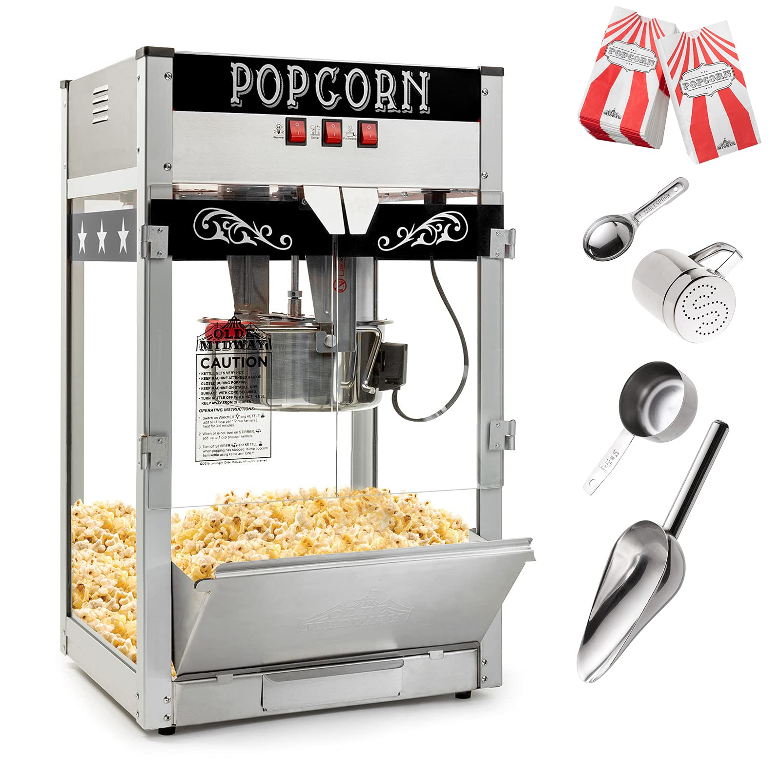 Olde Midway Commercial Popcorn Machine - 12-Ounce Large Kettle Popper Maker for Movie Theater, Carnival & Home Use - Black