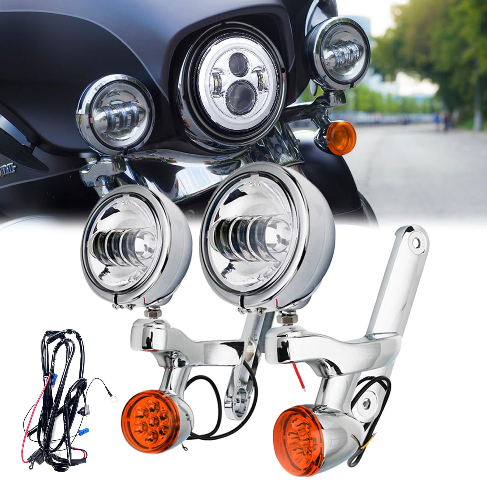 4.5 Inch LED Auxiliary Spotlight Fog Lights Kit with Housing Bracket - Chrome Bullet Turn Signal Lamps for Harley Touring Street Glide/Electra Glide/Road King - Perfect for Night Riding and Enhanced Visibility