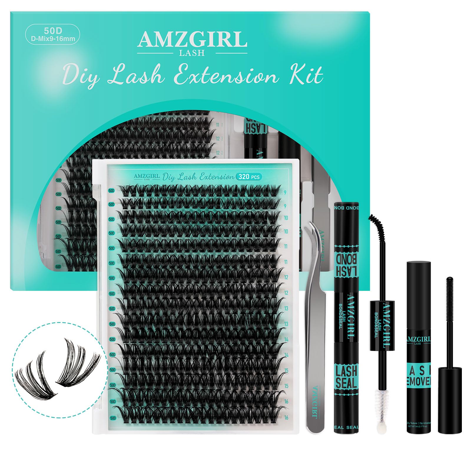 320Pcs DIY Individual Eyelash Extension Kit - Includes Lash Clusters, Bond & Seal, Remover, Applicator Tool - 50D, D-Mix 9-16mm for Home Salon & Professional Use - Perfect for Bridal, Party & Everyday Glam Makeup