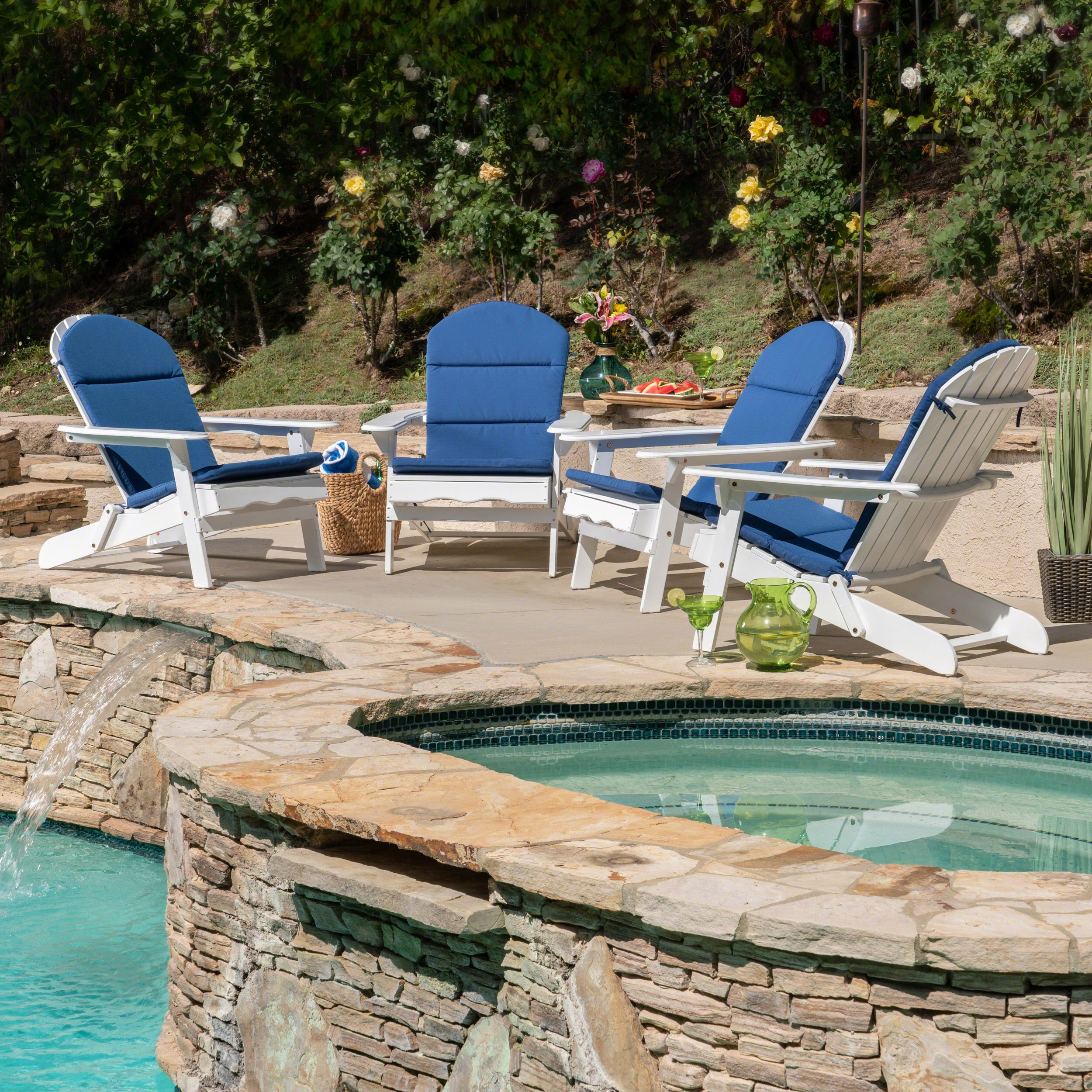 Premium Acacia Wood Folding Adirondack Chairs with Cushions (Set of 4) - Weather-Resistant Outdoor Furniture for Patio, Garden, Poolside & Backyard Relaxation - White & Navy Blue