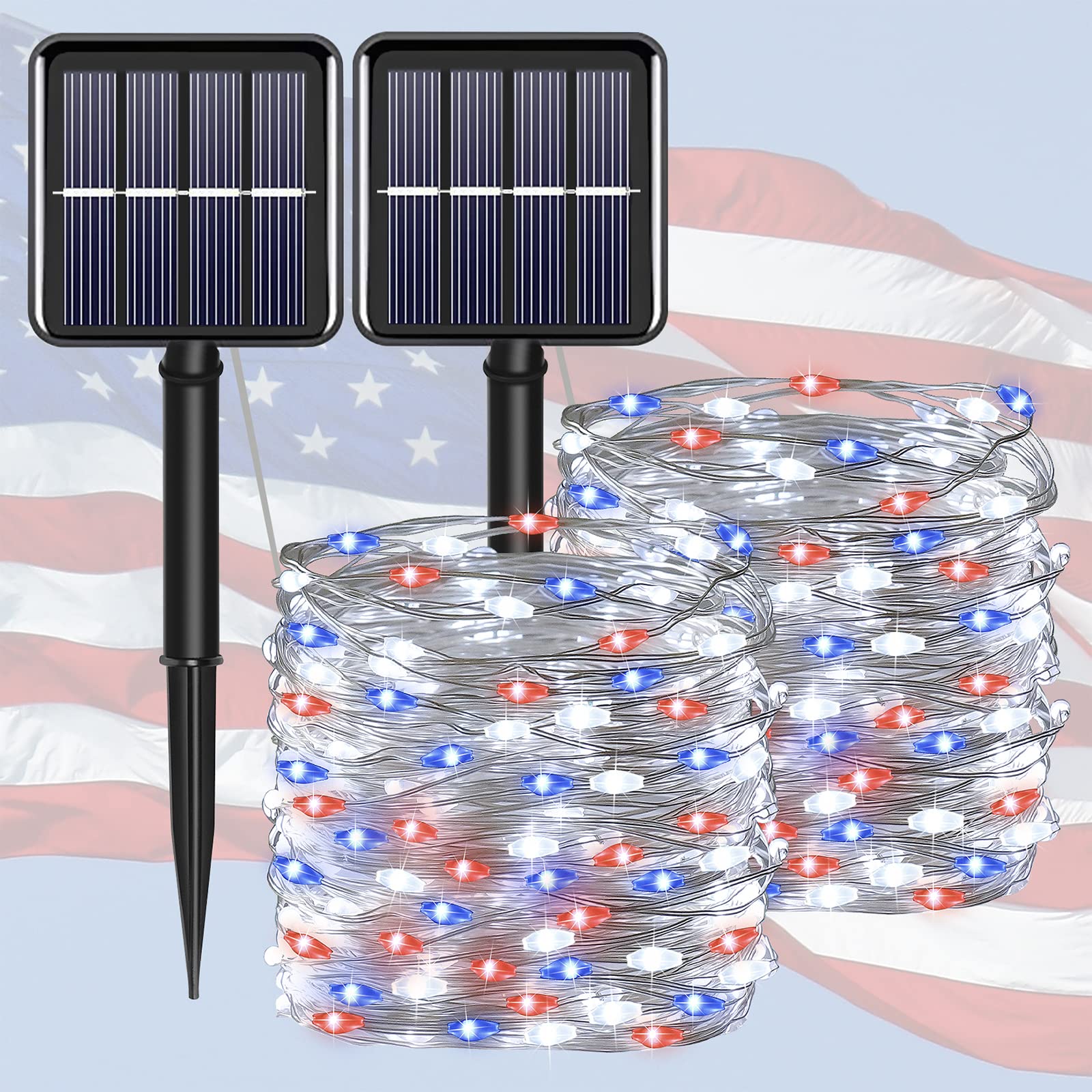 4th of July Patriotic Decorations - Solar Powered Outdoor String Lights (2 Pack) | 100 LED Red White & Blue Waterproof Fairy Lights (33ft Each, IP67) | 8 Lighting Modes for Memorial Day, Garden, Patio & Yard Decor | Perfect for Summer BBQs, Pool Parties & National Holiday Celebrations