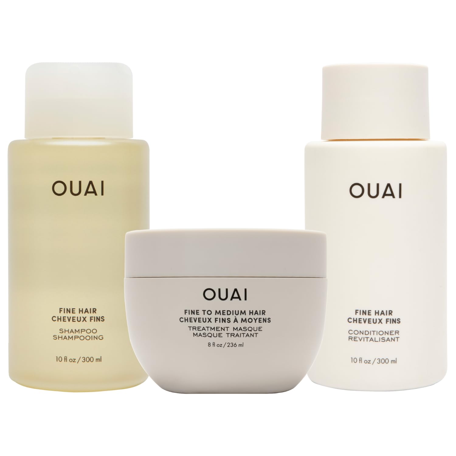 OUAI Fine Hair Shampoo, Conditioner & Hair Mask Set - Volumizing, Strengthening & Repairing for Thin Hair - 3 Piece Hair Care Kit (10oz Shampoo, 10oz Conditioner, 8oz Treatment) - Perfect for Daily Use & Salon-Quality Results at Home