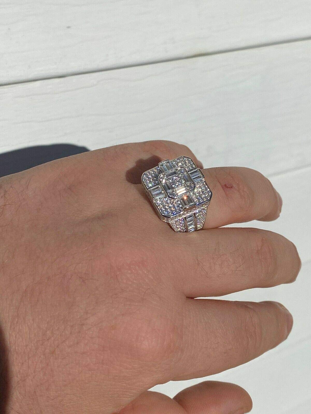 925 Sterling Silver Men's Iced Baguette Diamond Ring - Large Square Hip Hop Pinky Ring for Men - Durable Solid Silver Jewelry Gift - Perfect for Weddings, Parties & Everyday Wear (Size 9)