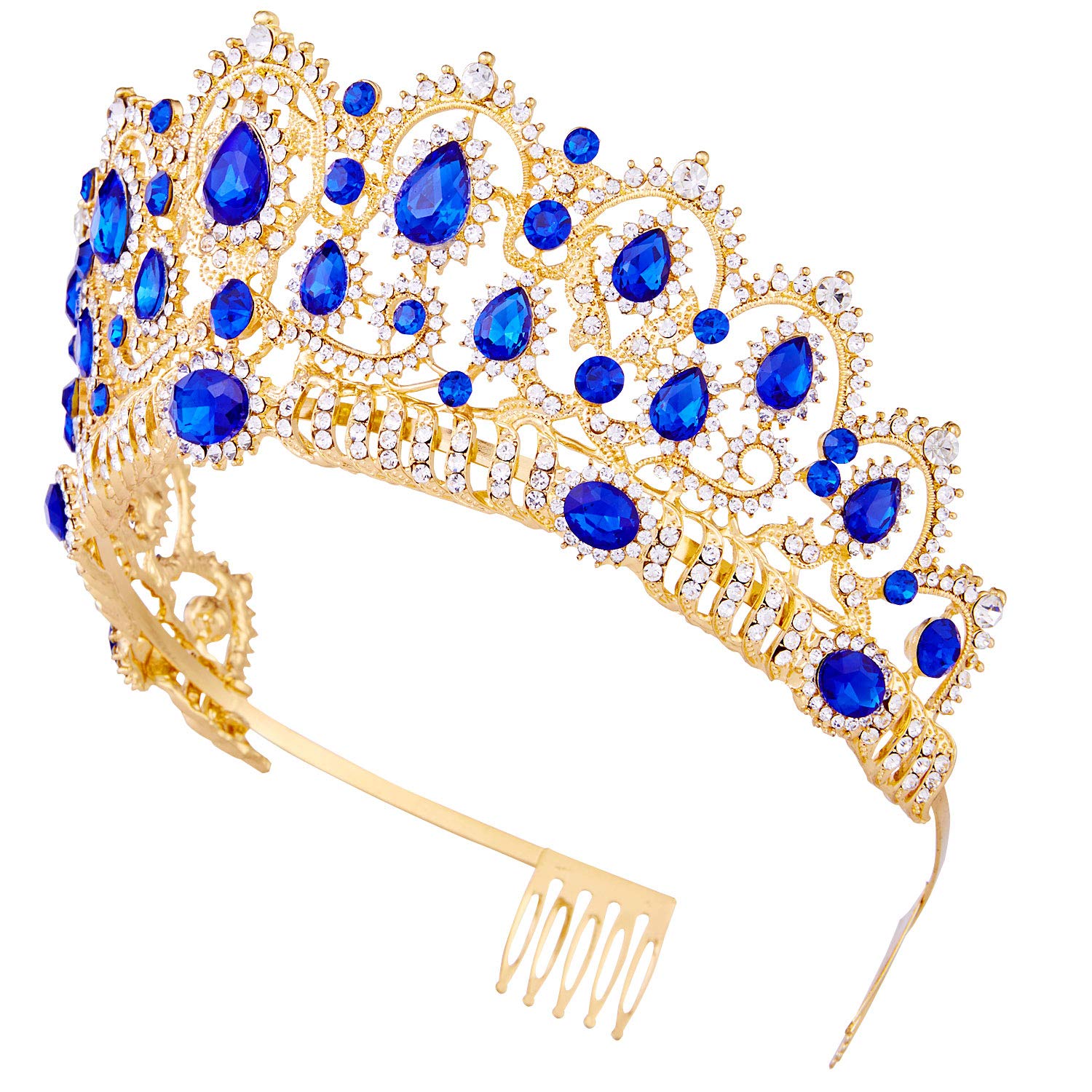 Vofler Gold Audrey Descendants Costume Royal Tiara with Crystal Sapphire - Elegant Blue Crown for Women, Queen, Bride, Princess - Perfect for Quinceañera, Birthday, Wedding, Pageant, Prom, Homecoming & Halloween Party Accessories