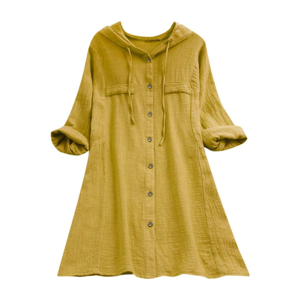 Women's Loose Fit Long Sleeve Hooded Cotton Blouse with Pocket - Casual Button Down T-Shirt Top for Everyday Wear & Layering