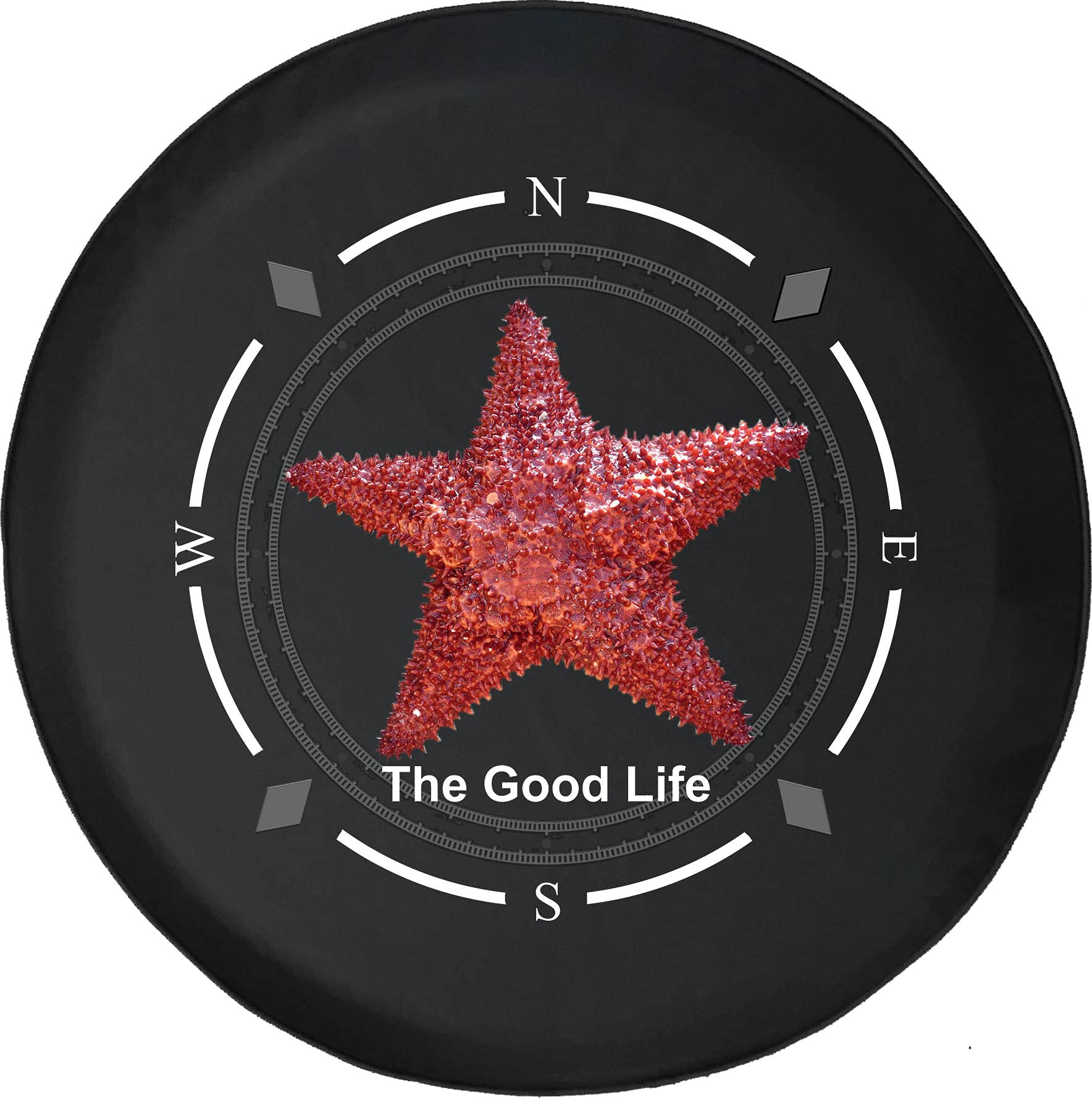 American Unlimited Spare Tire Cover with Compass Design - The Good Life Red Starfish Ocean Beach Wheel Cover for SUV, Trailer, RV Accessories | Durable & Weather-Resistant for Road Trips, Camping & Beach Adventures