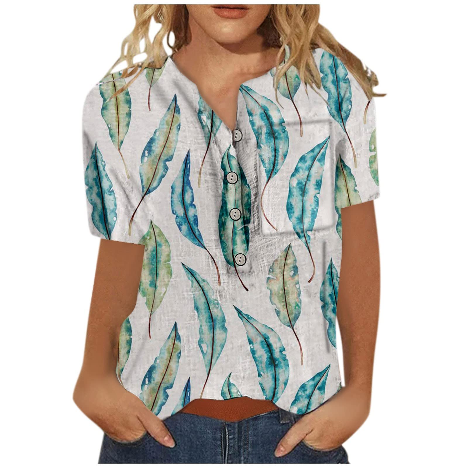 Trendy Women's Cotton Linen Henley Shirts - Summer Casual Short Sleeve Blouse & Loose Graphic Tees for Outdoor Activities, Travel, and Everyday Wear