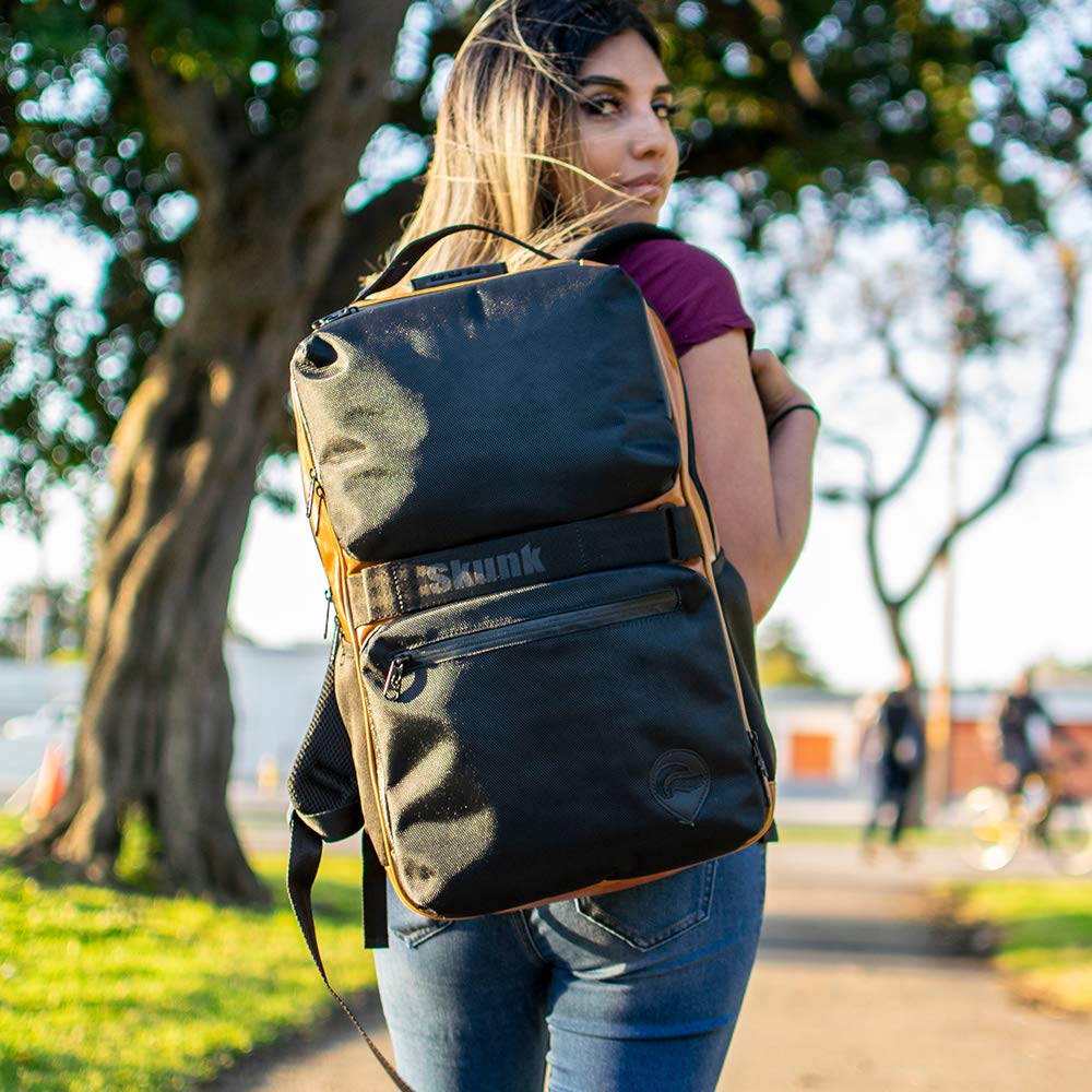 Skunk SoHo Smell Proof Backpack - Waterproof & Weather Resistant Travel Backpack with Combination Lock - Black Leather Design for Outdoor, Hiking & Airport Security