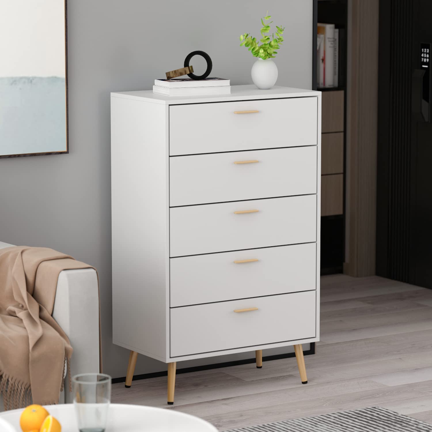 Modern 5-Drawer Dresser Storage Chest with Gold Metal Legs & Handles - Solid Wood Bedroom Dresser for Clothes Organization, White (27.4”L x 15.6”W x 44.9”H) - Perfect for Bedroom, Living Room & Nursery Storage Solutions