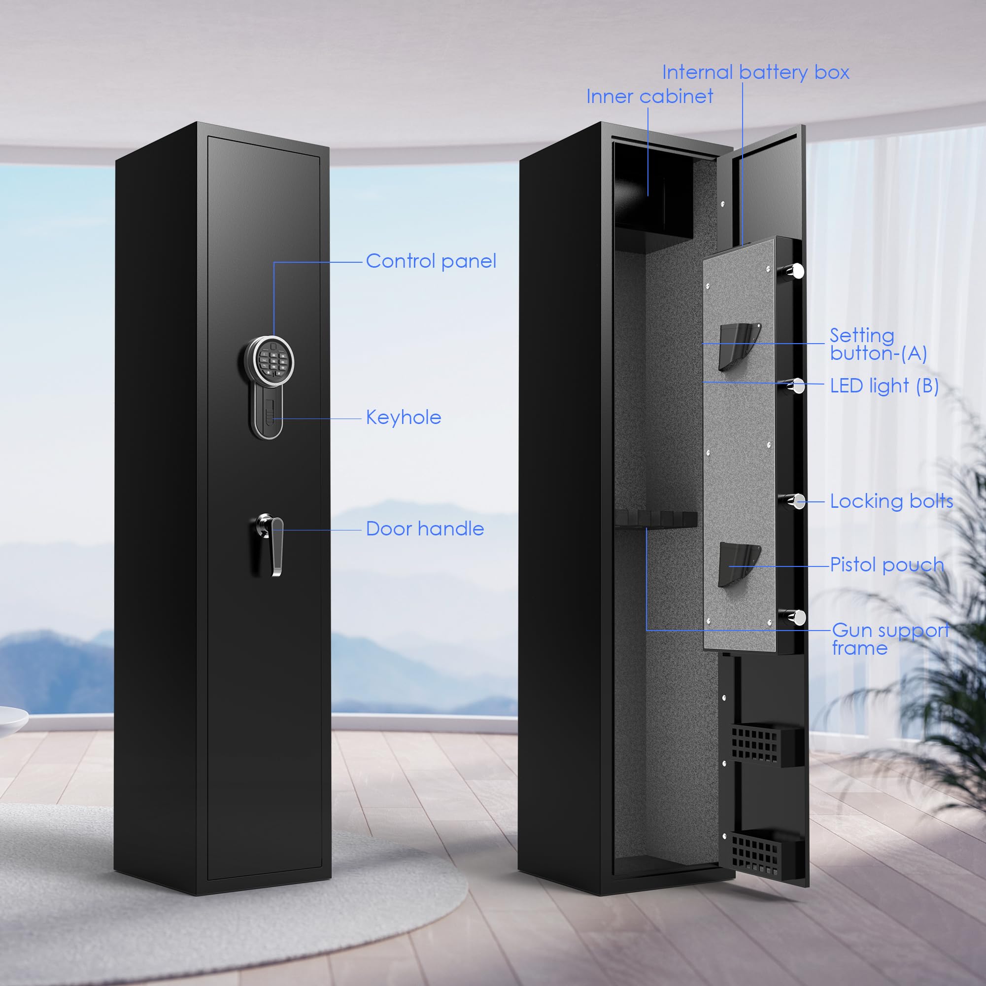 METAN Heavy Duty Digital Gun Safe for Rifles & Pistols - 5 Gun Security Cabinet with LED Light, Alarm System & Interior Storage Box - Ideal for Home, Office & Gun Range Use (Black)