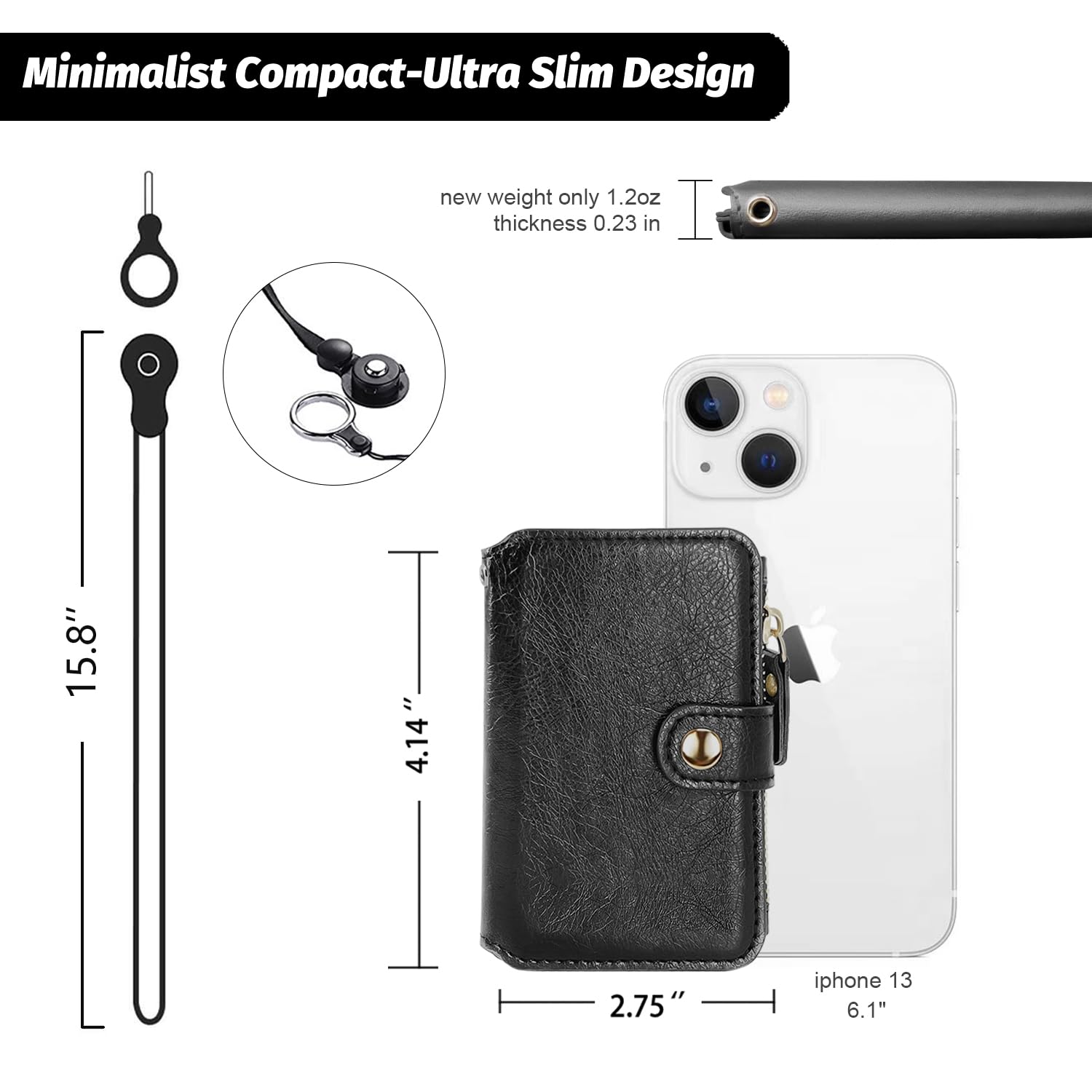 M-Plateau Phone Wallet with Zipper Coin Purse & Lanyard - Card Holder Case Compatible with iPhone 14/13/12 & Most Smartphones (Black) | Perfect for Travel, Shopping & Everyday Use