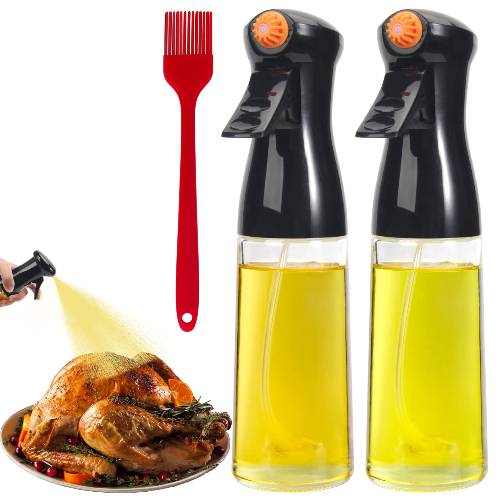 210ml (7oz) Olive Oil Spray Bottle with Brush - 2 Pack Kitchen Oil Mister for Cooking, Baking, Grilling & Air Fryer | Perfect for Salad Dressing, Roasting Vegetables & Healthy Meal Prep