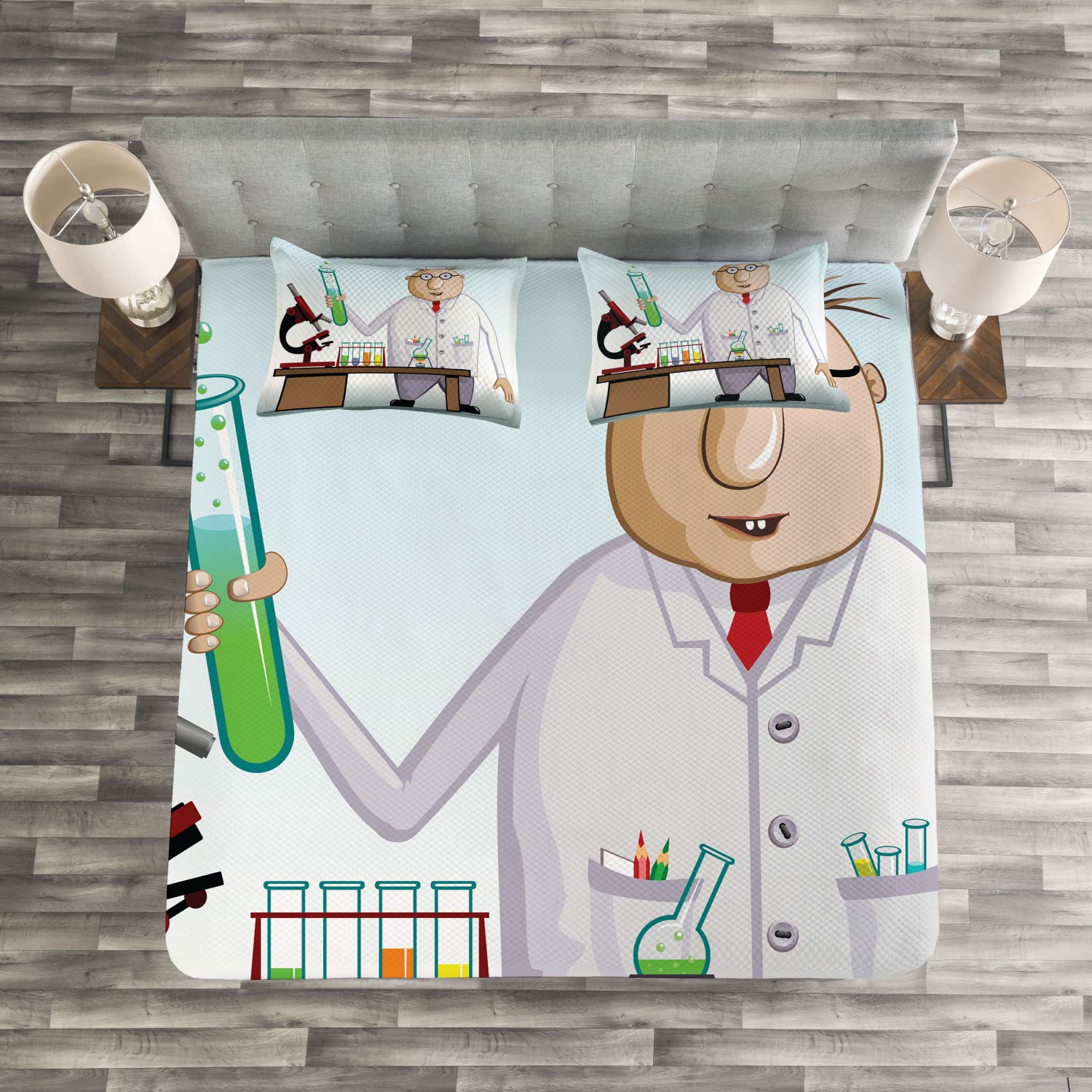 Ambesonne Science Lab Bedspread Set - 3 Piece King Size Bedding with Test Tubes, Flask & Microscope Design - Chemistry Themed Decorative Coverlet & 2 Pillow Shams - Perfect for Science Lovers, Teachers & Nerdy Home Decor