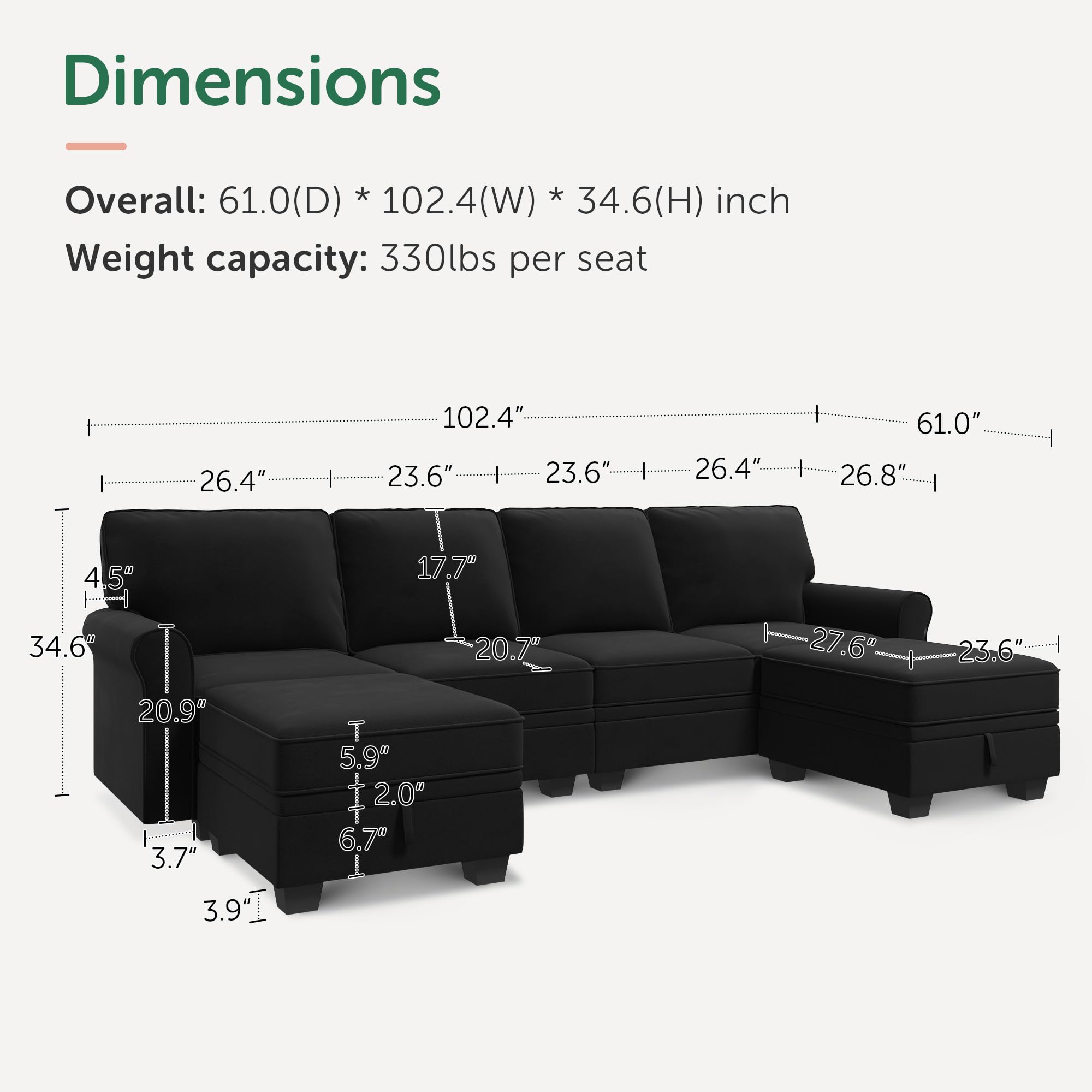 HONBAY U-Shaped Sectional Sofa with Storage Seat & Reversible Chaise - Convertible Velvet Couch for Living Room, Black - Perfect for Small Spaces & Family Gatherings