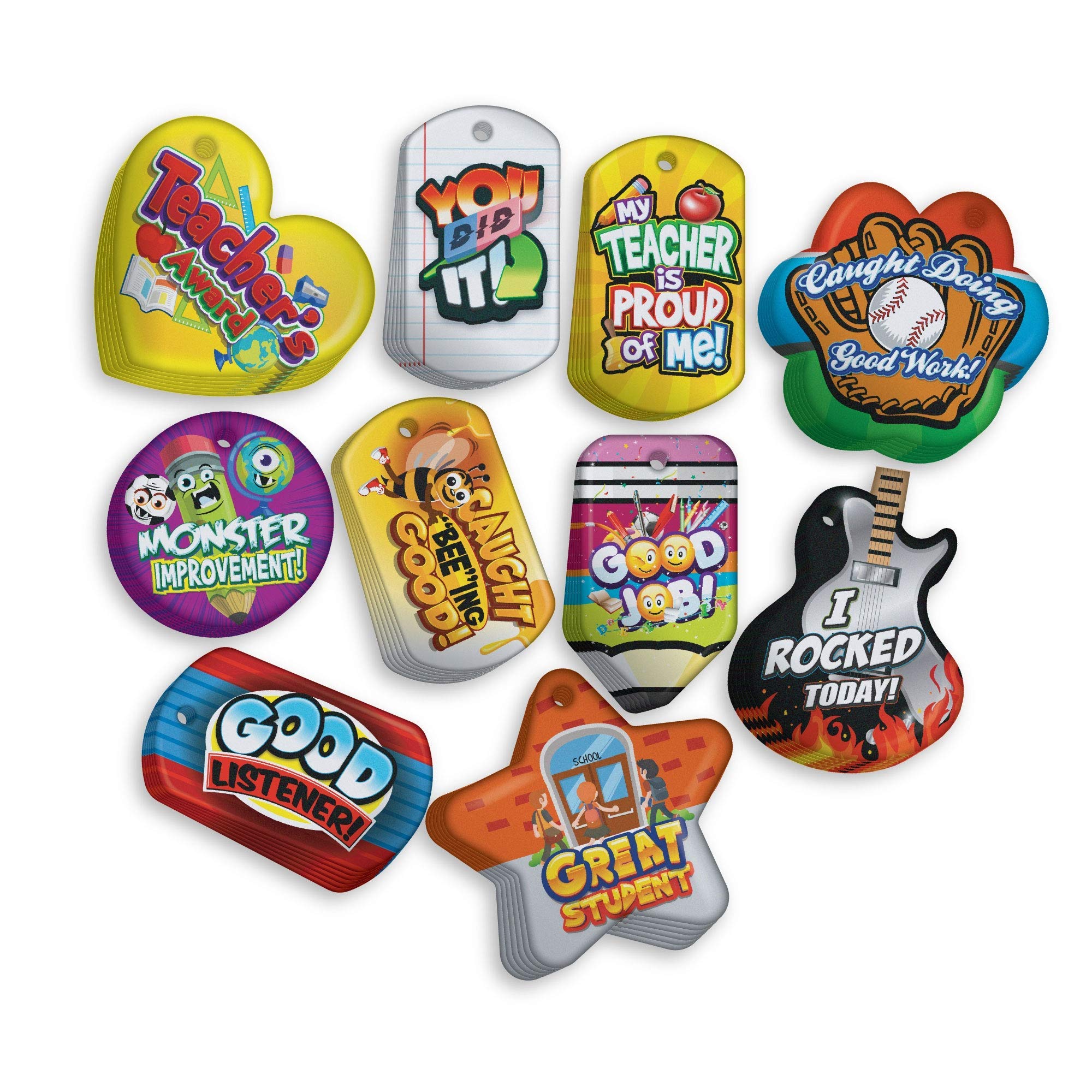 Positive Behavior Reward Brag Tags for Students - 100-Piece Value Pack (10 Unique Shapes) - Ideal for Classroom Management & Student Motivation