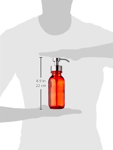 Stainless Steel Red Glass Soap Dispenser with Non-Slip Coaster & Top Protector - 16oz Hand Wash Liquid Pump for Kitchen, Bathroom & Office Sink