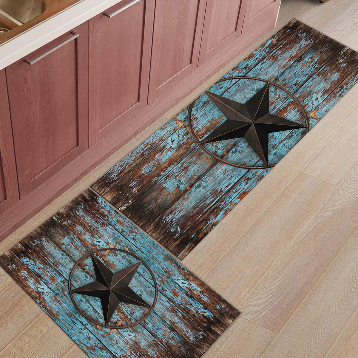 Anti-Fatigue Kitchen Floor Mat Set - 2-Pack Non-Slip Waterproof Standing Mats with Rustic Texas Star Design for Comfortable Cooking & Dishwashing - Perfect for Home Kitchen, Restaurant, or Western-Themed Decor