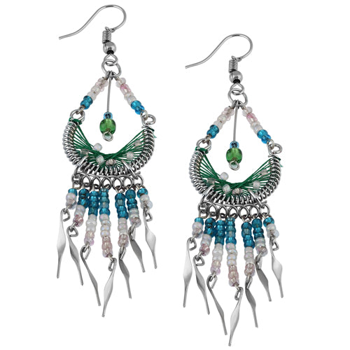 Stainless Steel Peruvian Light Green Silk Thread Beaded Dangle Earrings - Handmade Boho Jewelry for Women, Party & Wedding Accessories