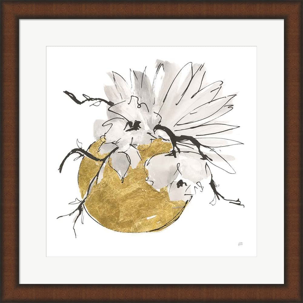 Chris Paschke Delicate Gilded Vase I Framed Art Print - 20x20 Inches Brown Teak Wood Wall Picture - Perfect for Living Room, Bedroom & Office Decor