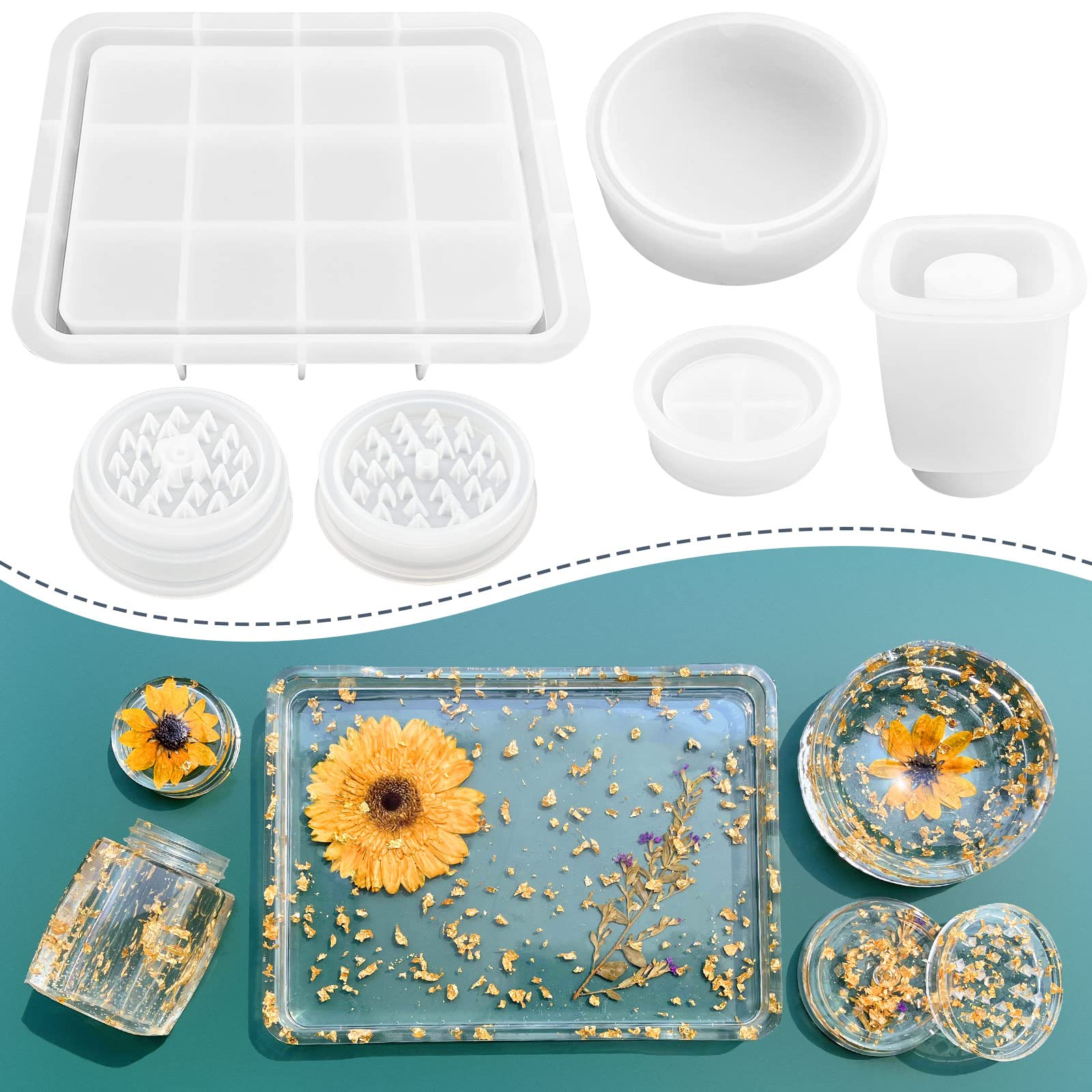 Rectangle Resin Tray Molds with Edges - DIY Silicone Jewelry Holder & Rolling Tray for Resin Casting, Jar Mold with Lid, Grinder Mold - Perfect for Home Decoration, Craft Projects & Gift Making