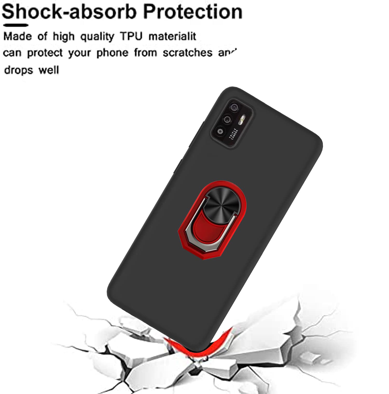 Premium 2-Pack Tempered Glass Screen Protector & Full Body Shockproof Case with Kickstand & 360 Ring Holder for ZTE Zmax 11 Z6251 - Red | Perfect for Outdoor Activities, Work & Daily Protection