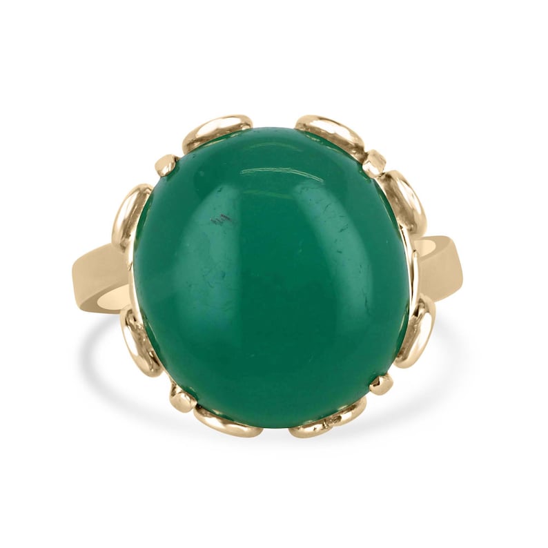 10.30ct 14K Gold Round Cabochon Emerald Solitaire Ring - Medium Dark Green Vintage Floral Jewelry for Women, Perfect for Weddings, Anniversaries & Special Occasions