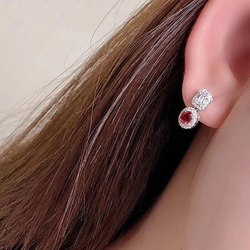 18K White & Yellow Gold Ruby Earrings for Women – Oval T-Square Diamond Jewelry – Perfect for Weddings, Anniversaries & Special Occasions