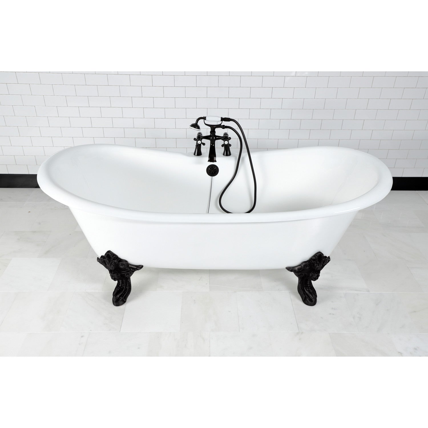 Aqua Eden 72 Inch White Matte Black Cast Iron Oval Double Slipper Clawfoot Bathtub with 7 Inch Faucet Drillings - Vintage Style Freestanding Tub for Luxury Bathroom & Spa Relaxation