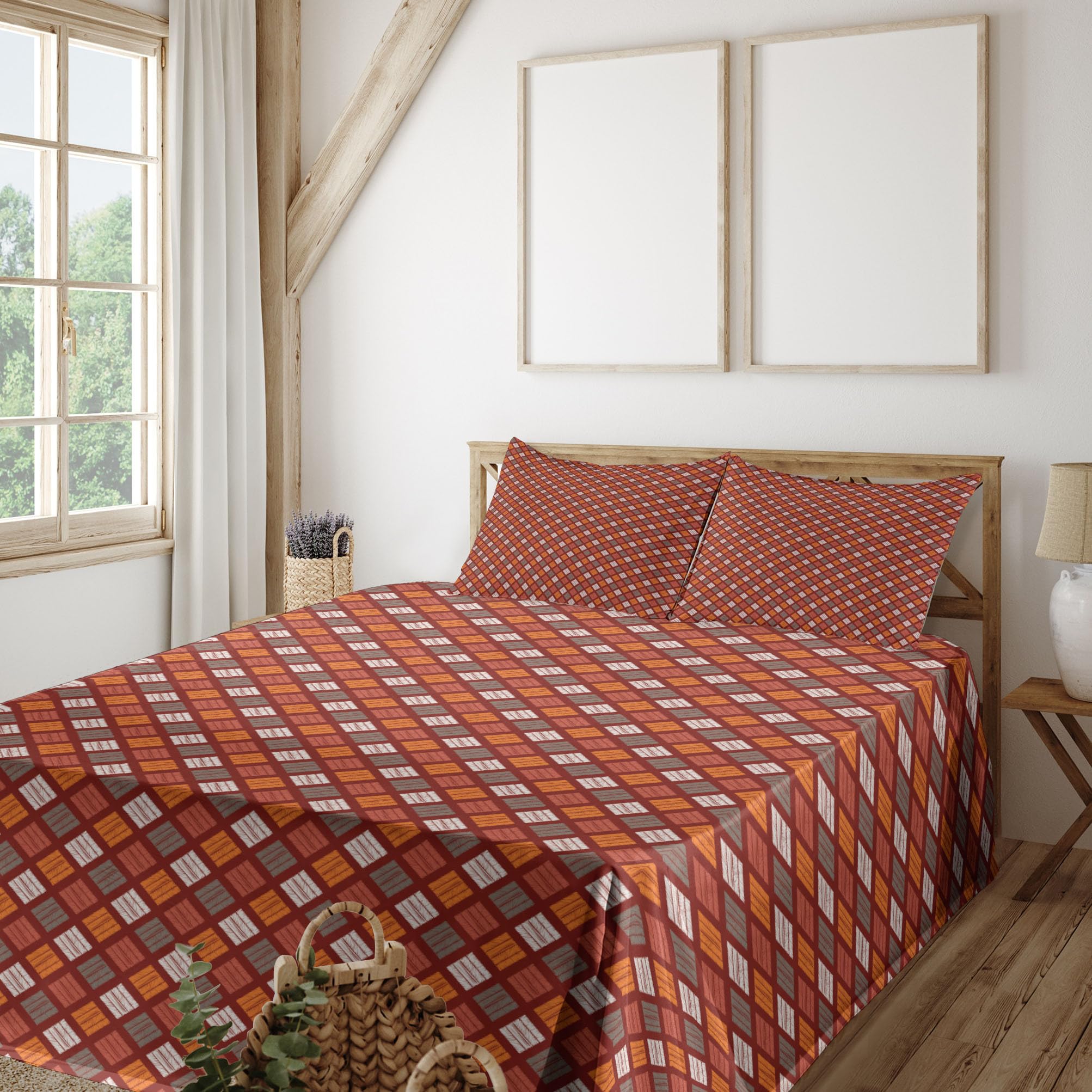 Ambesonne Abstract Geometric Bed Sheet Set - 4 Piece King Size with Fitted Sheet, Flat Sheet & Pillowcases - Warm Maroon Orange Dimgray Traditional Inspired Design - Perfect for Modern Bedrooms, Guest Rooms & Airbnb Styling