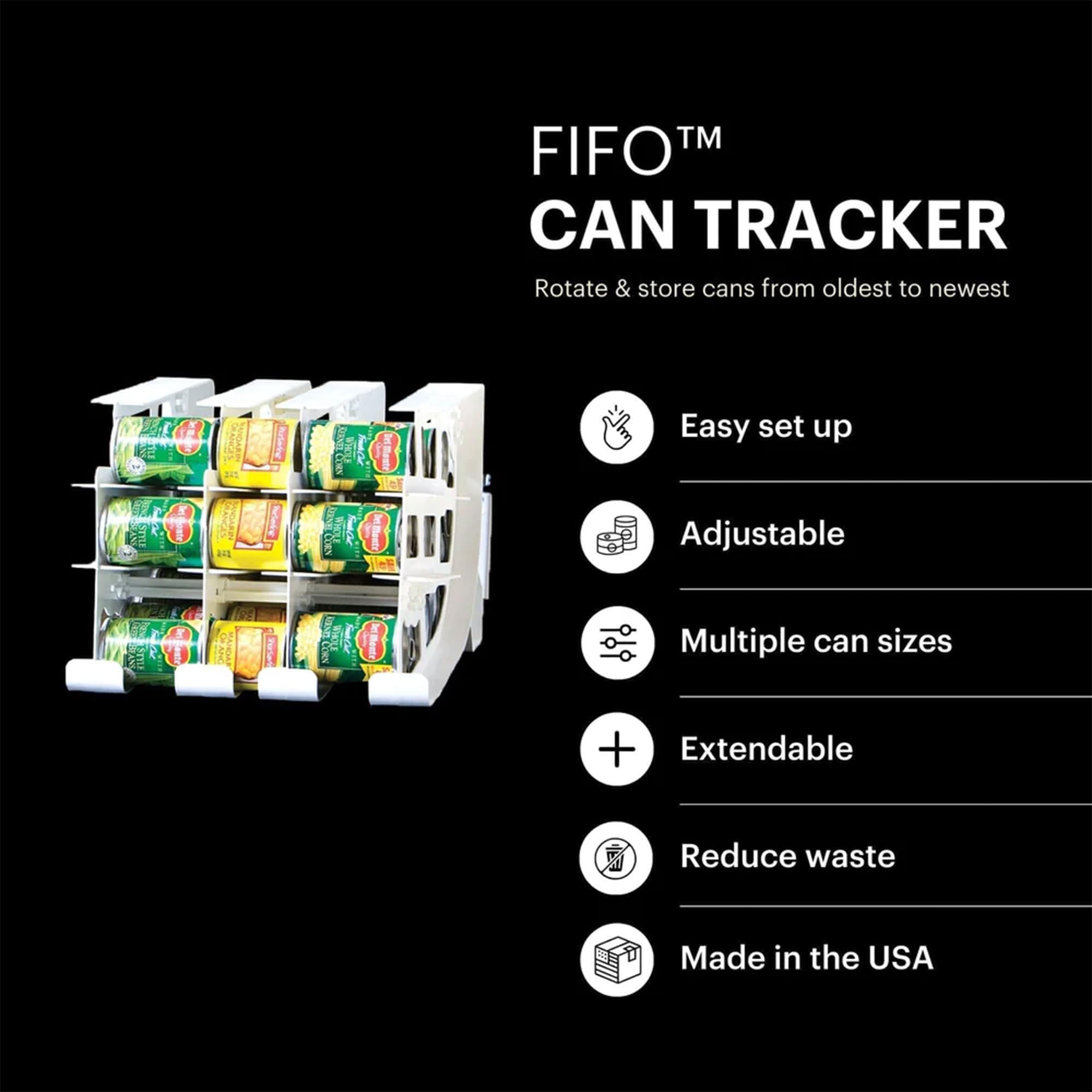 FIFO Can Organizer for Pantry - Stackable & Adjustable Canned Food Storage Rack Holds 54 Standard 10-15oz Cans | White Rotating Soda Can Dispenser for Kitchen Countertop (4 Pack) | Perfect for Organizing Canned Goods, Beverages & Pantry Items