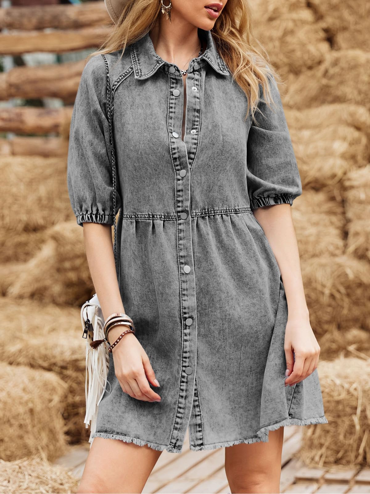 Pepochic Women's Summer Denim Dress - Button Down Short Sleeve Babydoll Dress with Puff Sleeves | Flowy Jean Dress for Beach, Picnic & Casual Outings