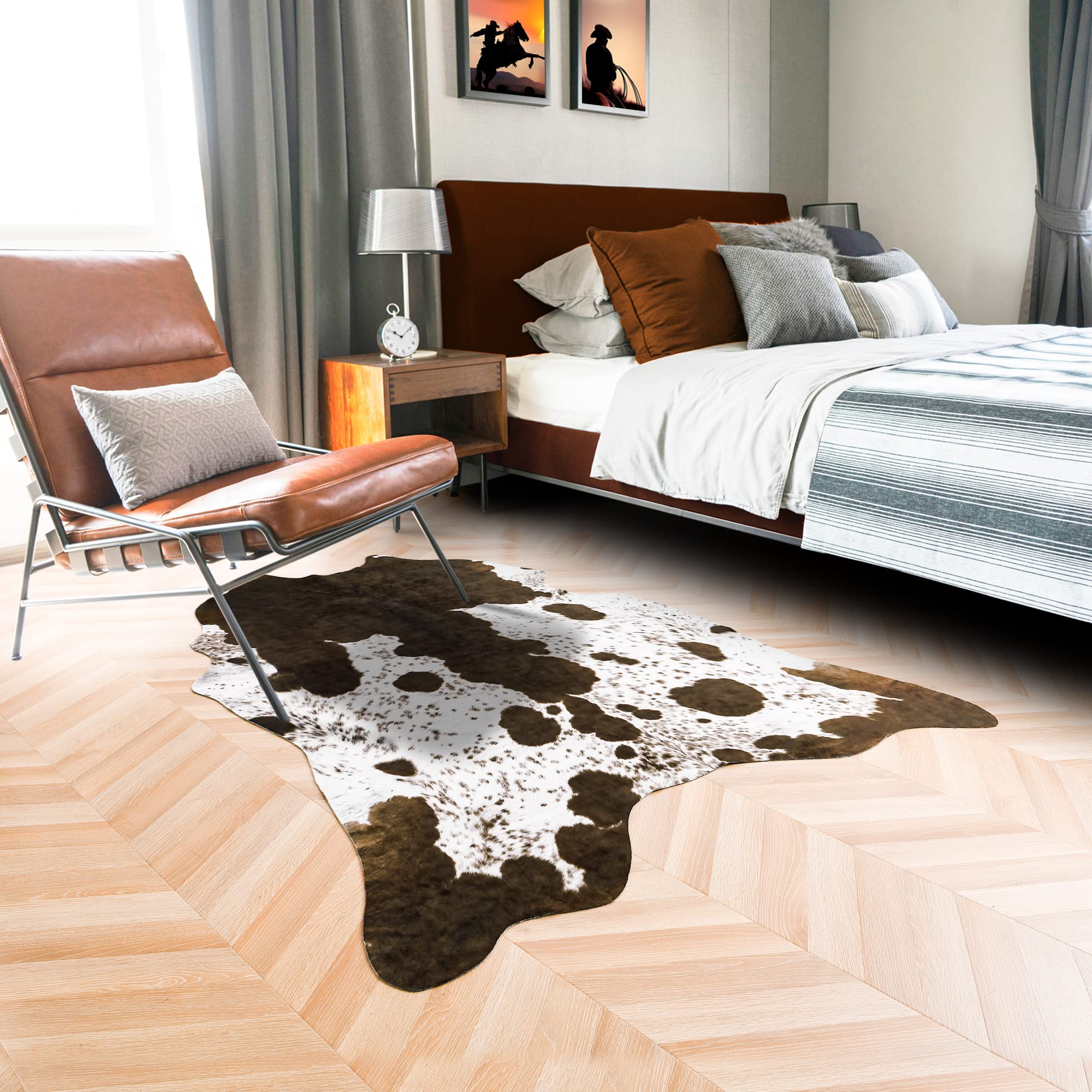 Stylish Rostyle Faux Cowhide Rug 5.2x4.6 Feet - Soft Cow Print Area Rug for Living Room, Bedroom & Western Decor - White & Brown Faux Fur Rug - Perfect for Farmhouse, Boho & Modern Home Decor